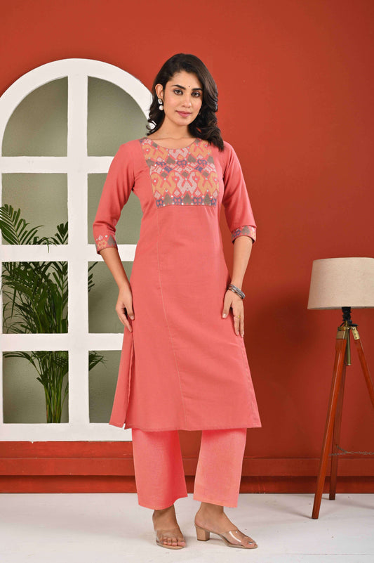 Belveera women's ethnic kurta pant sets in peach with floral embroidery and three-quarter sleeves