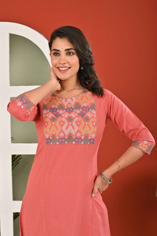 Belveera women's ethnic kurta pant sets in pink with colorful patterned neckline for a stylish look