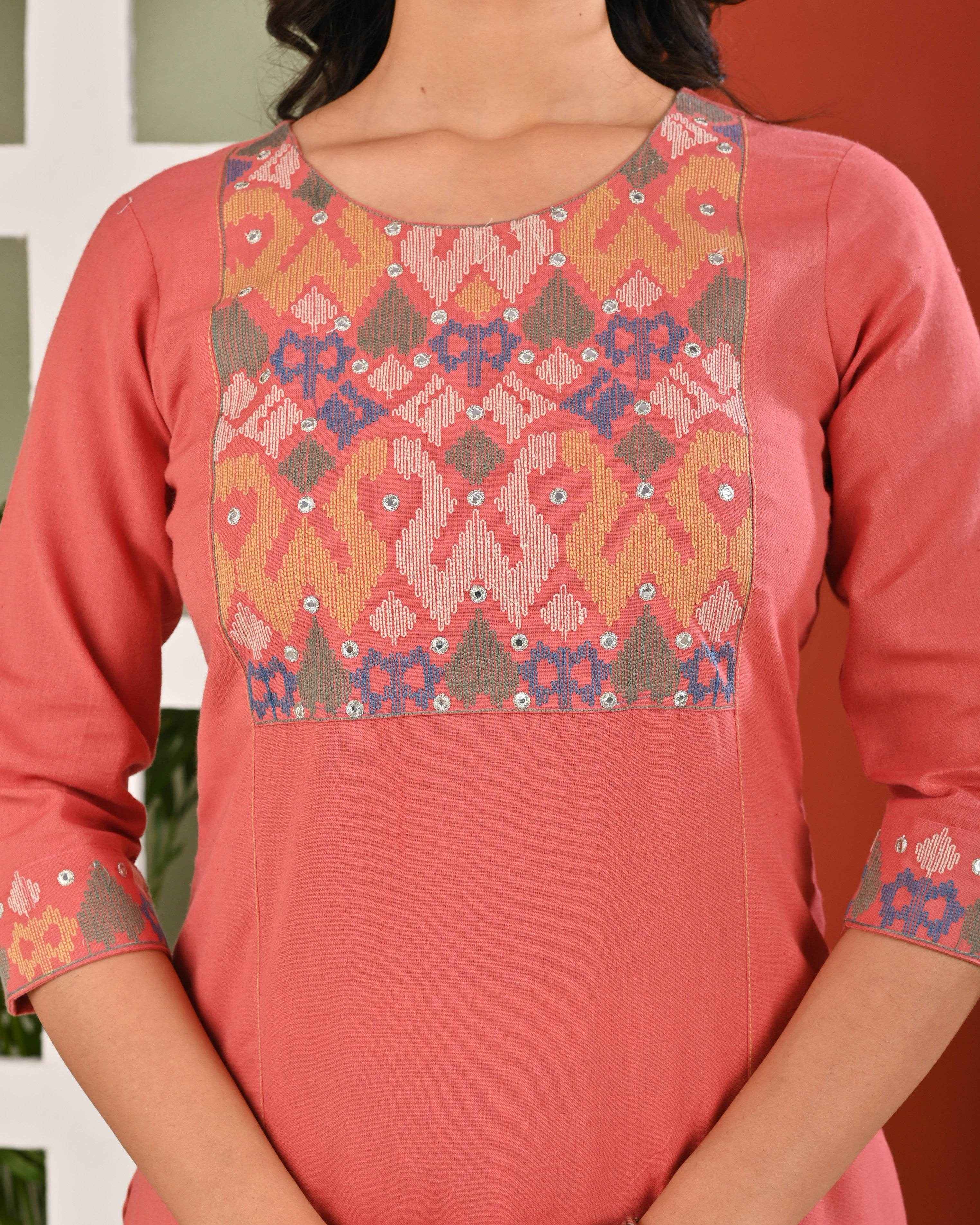 Belveera women's ethnic kurta pant sets in pink with vibrant embroidery details on the neckline