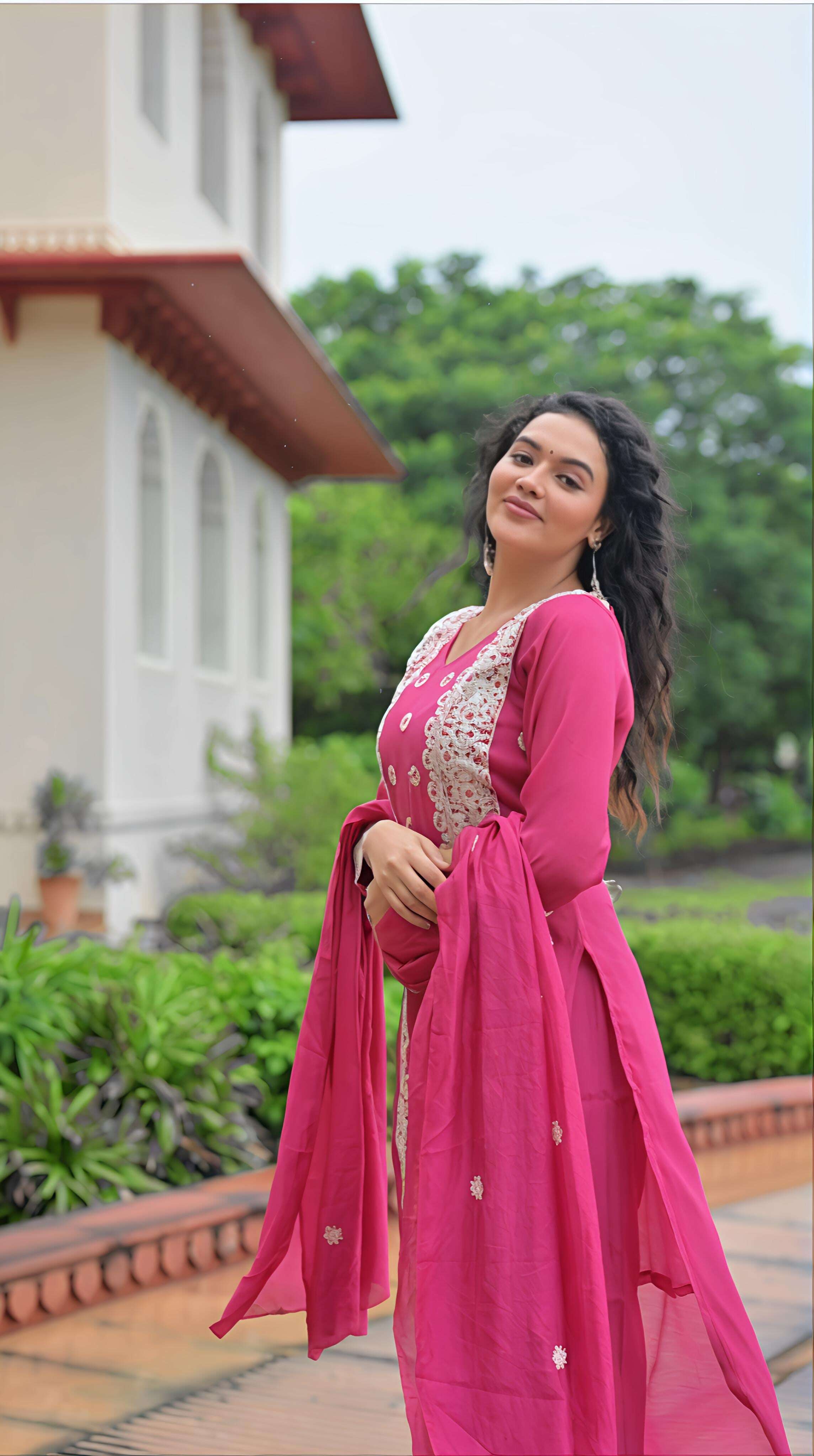 BELVEERA Pink Cotton 3-Piece Suit Set with White Embroidery Belveera