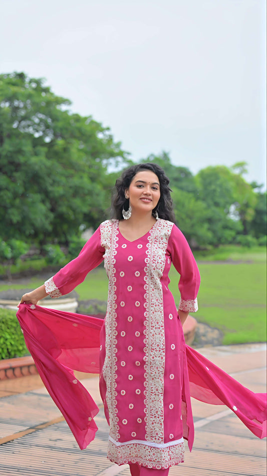 BELVEERA Pink Cotton 3-Piece Suit Set with White Embroidery Belveera
