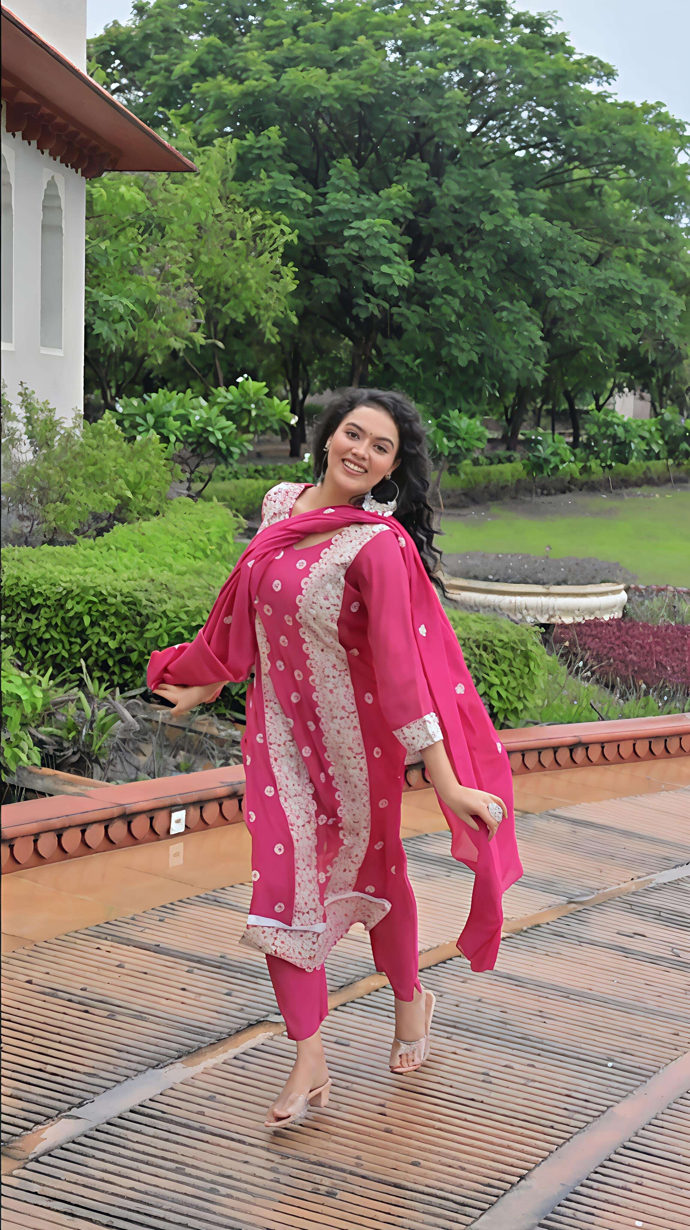 BELVEERA Pink Cotton 3-Piece Suit Set with White Embroidery Belveera