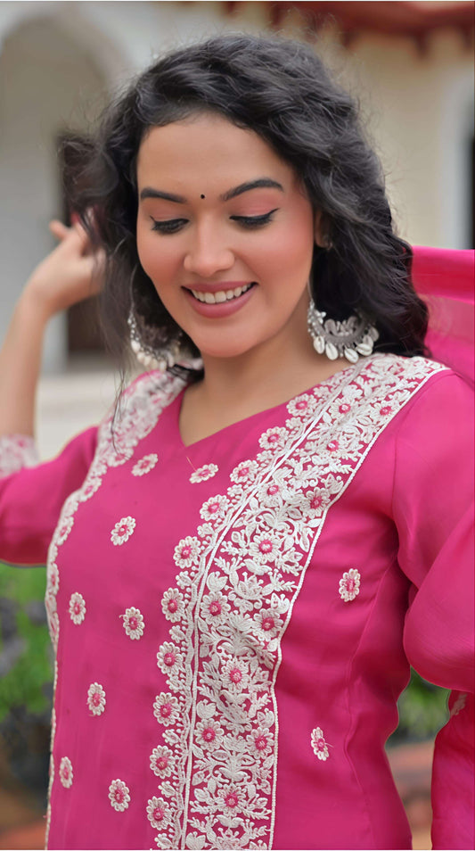 BELVEERA Pink Cotton 3-Piece Suit Set with White Embroidery Belveera