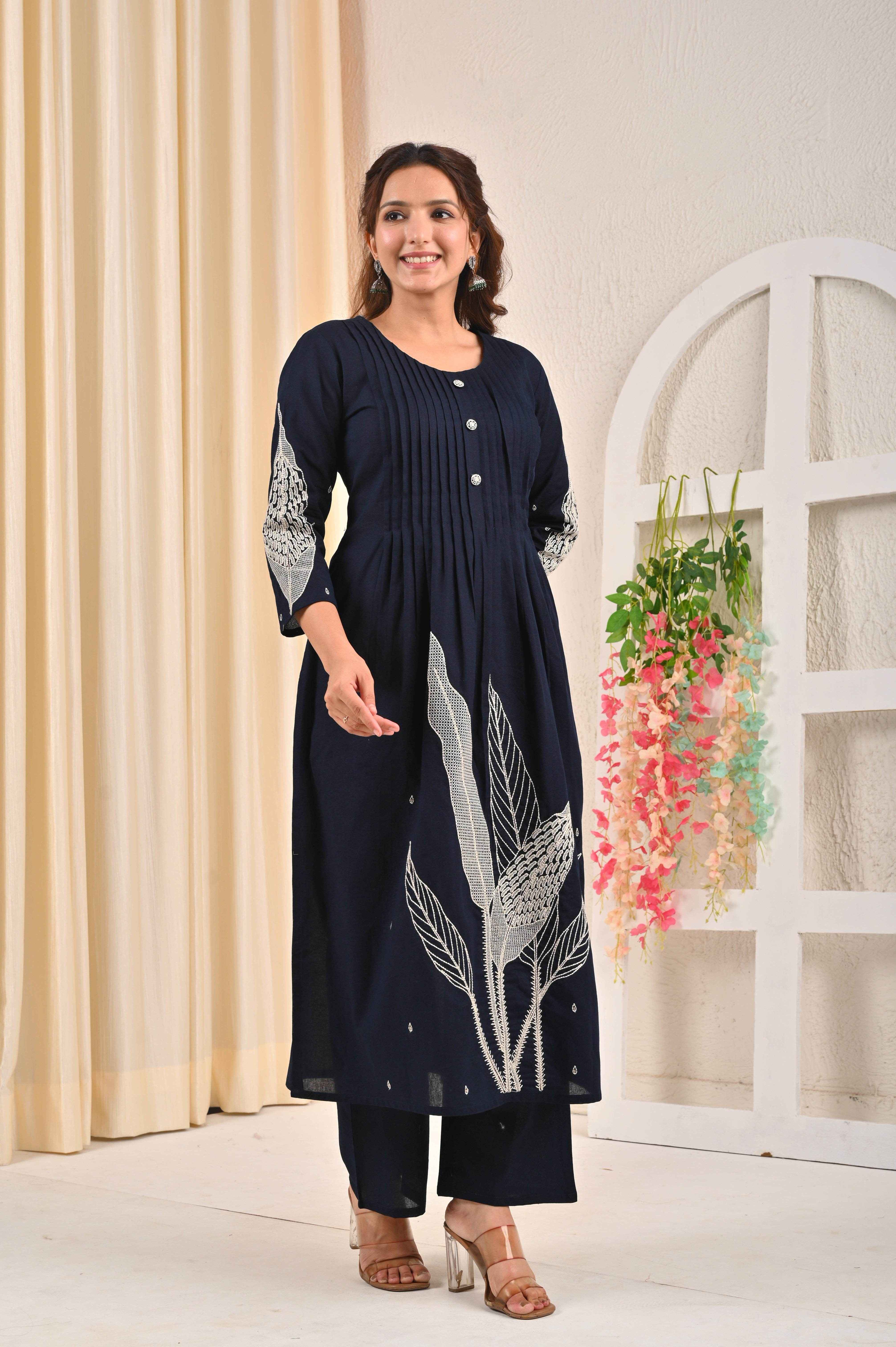 BELVEERA Navy Blue Cotton Women’s leaf Embroidered Kurta Set