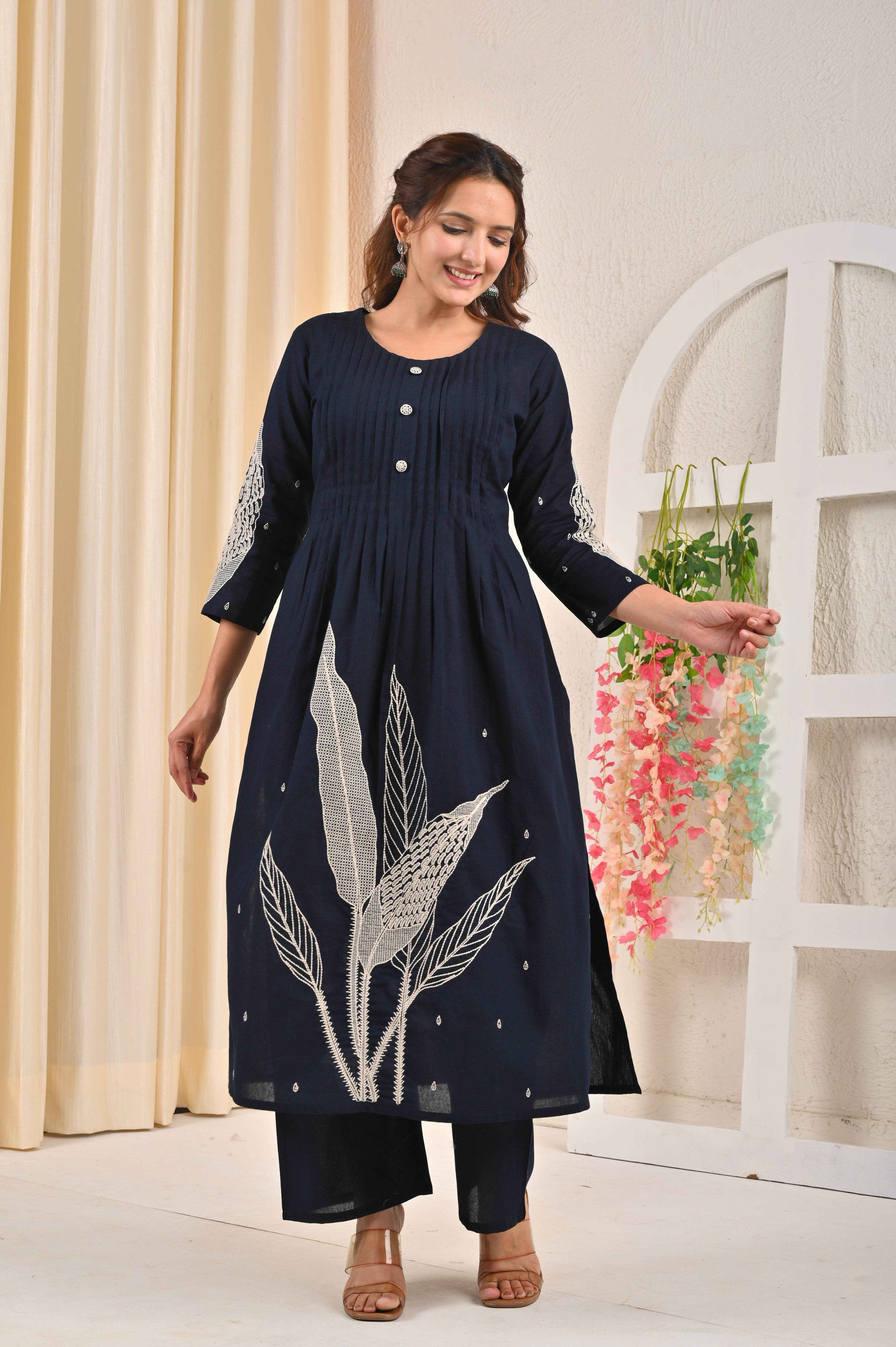 BELVEERA Navy Blue Cotton Women’s leaf Embroidered Kurta Set