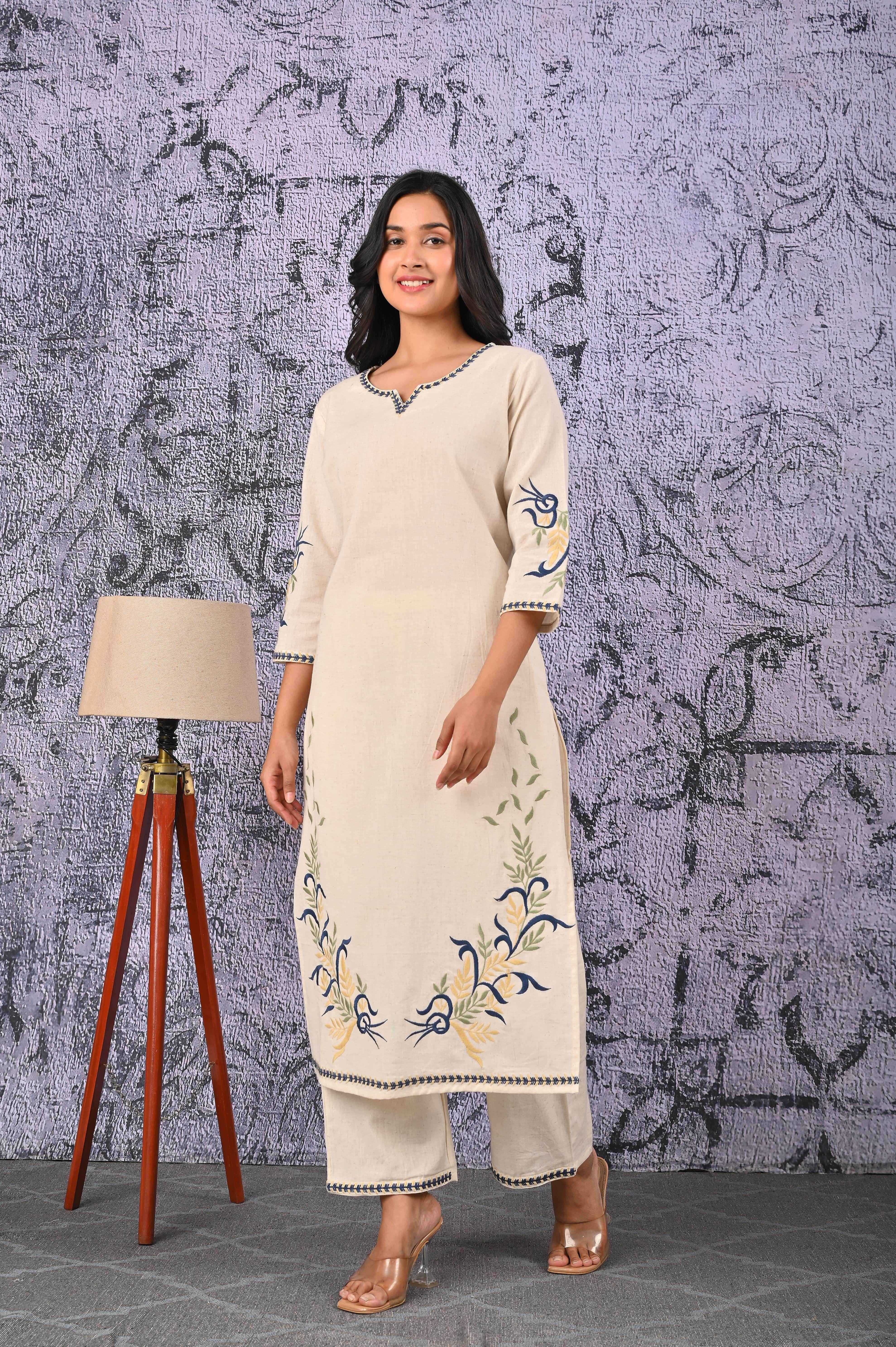 BELVEERA White Cotton Women’s Blue Floral Embroidered Kurta Set