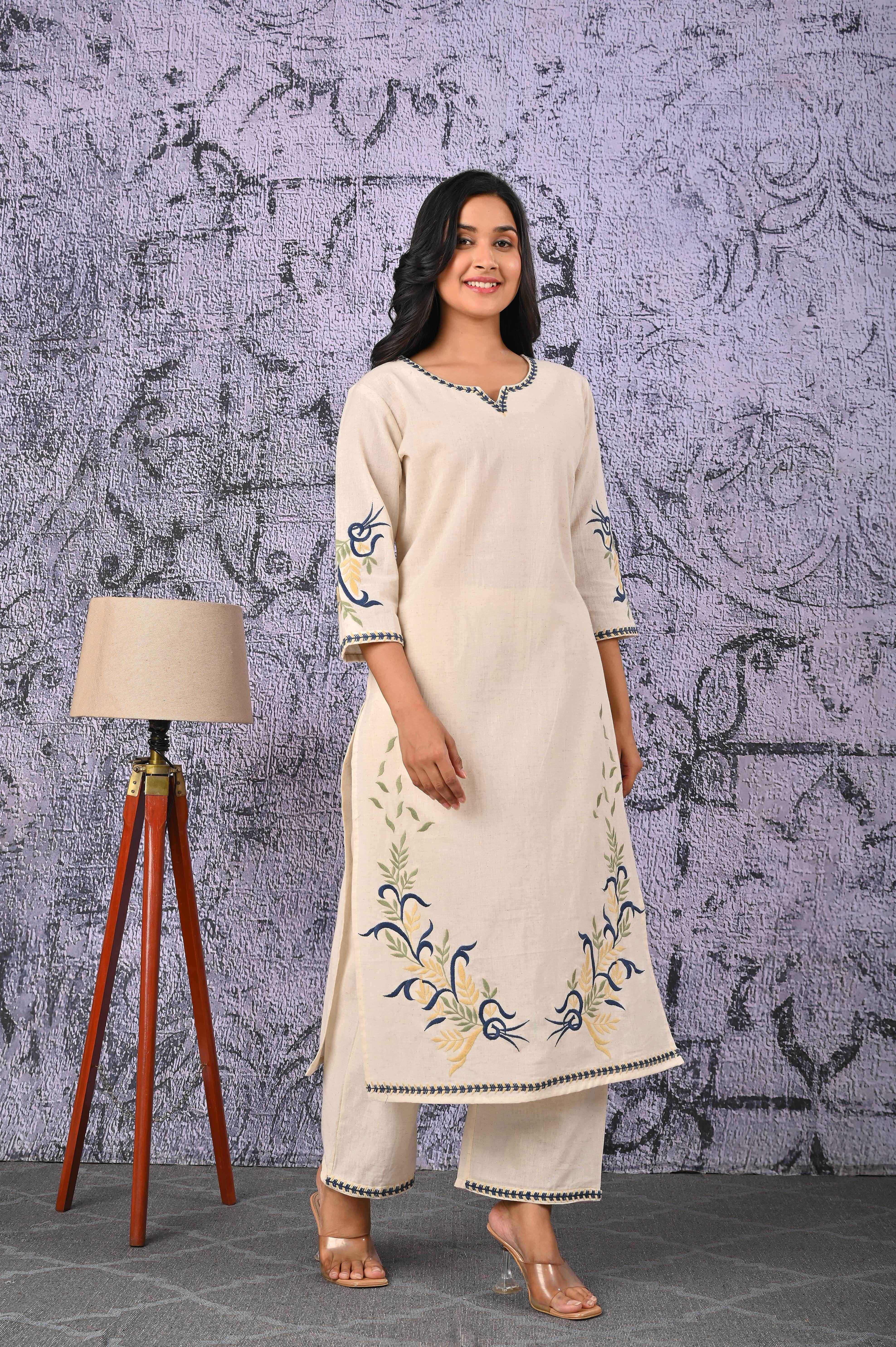 BELVEERA White Cotton Women’s Blue Floral Embroidered Kurta Set