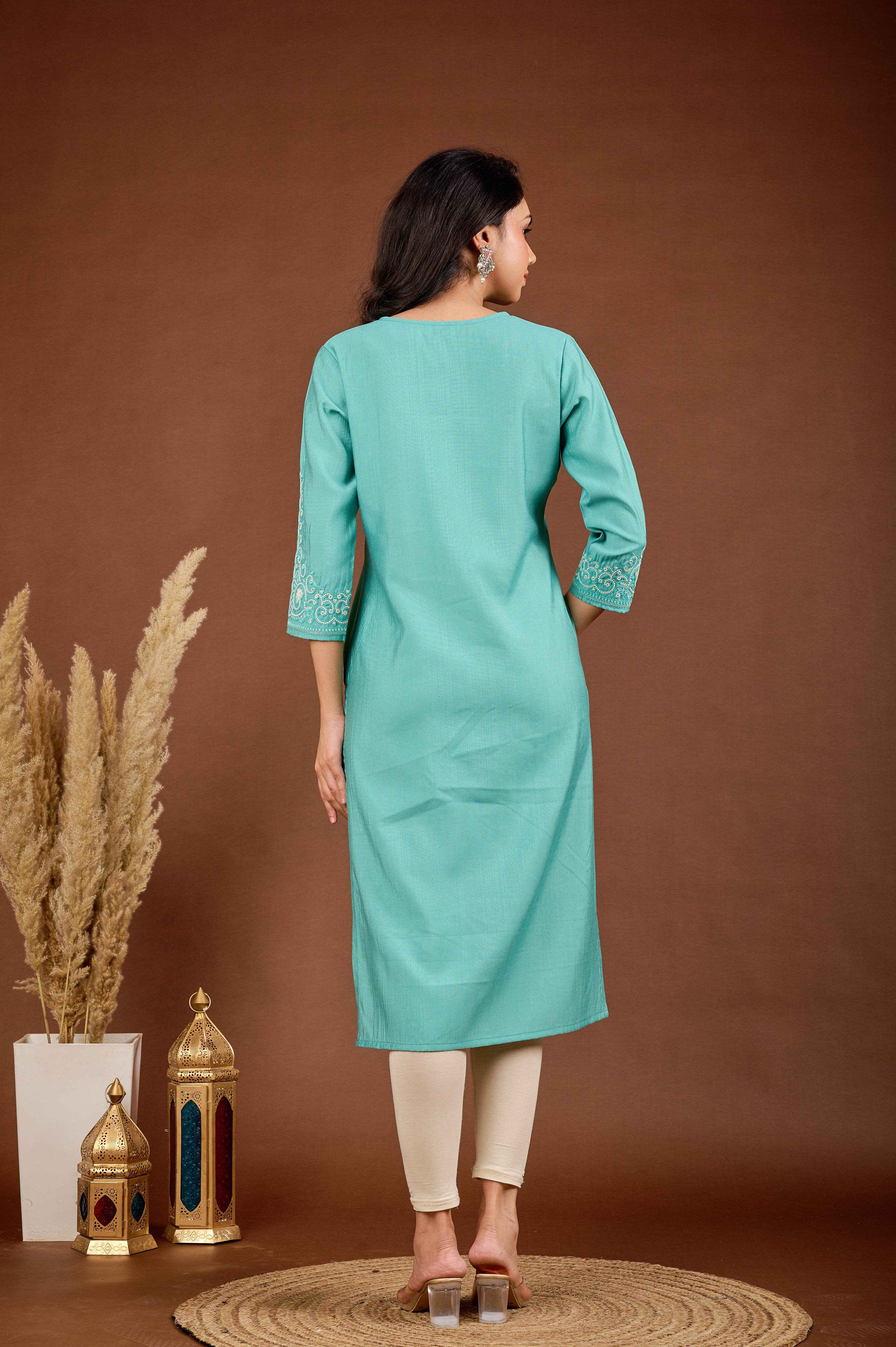 BELVEERA Sky Blue White Embroidery on Chest and Sleeves Embroidery Kurta