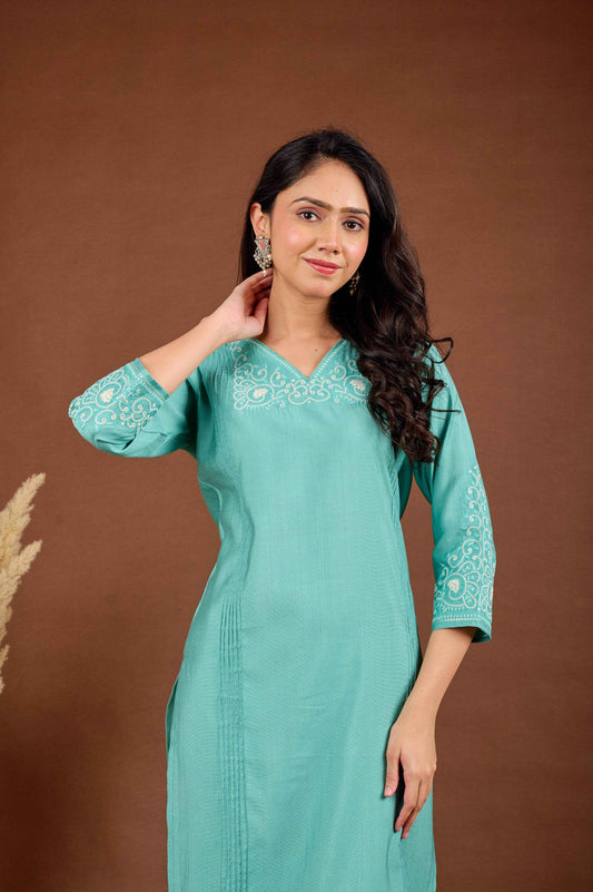 BELVEERA Sky Blue White Embroidery on Chest and Sleeves Embroidery Kurta