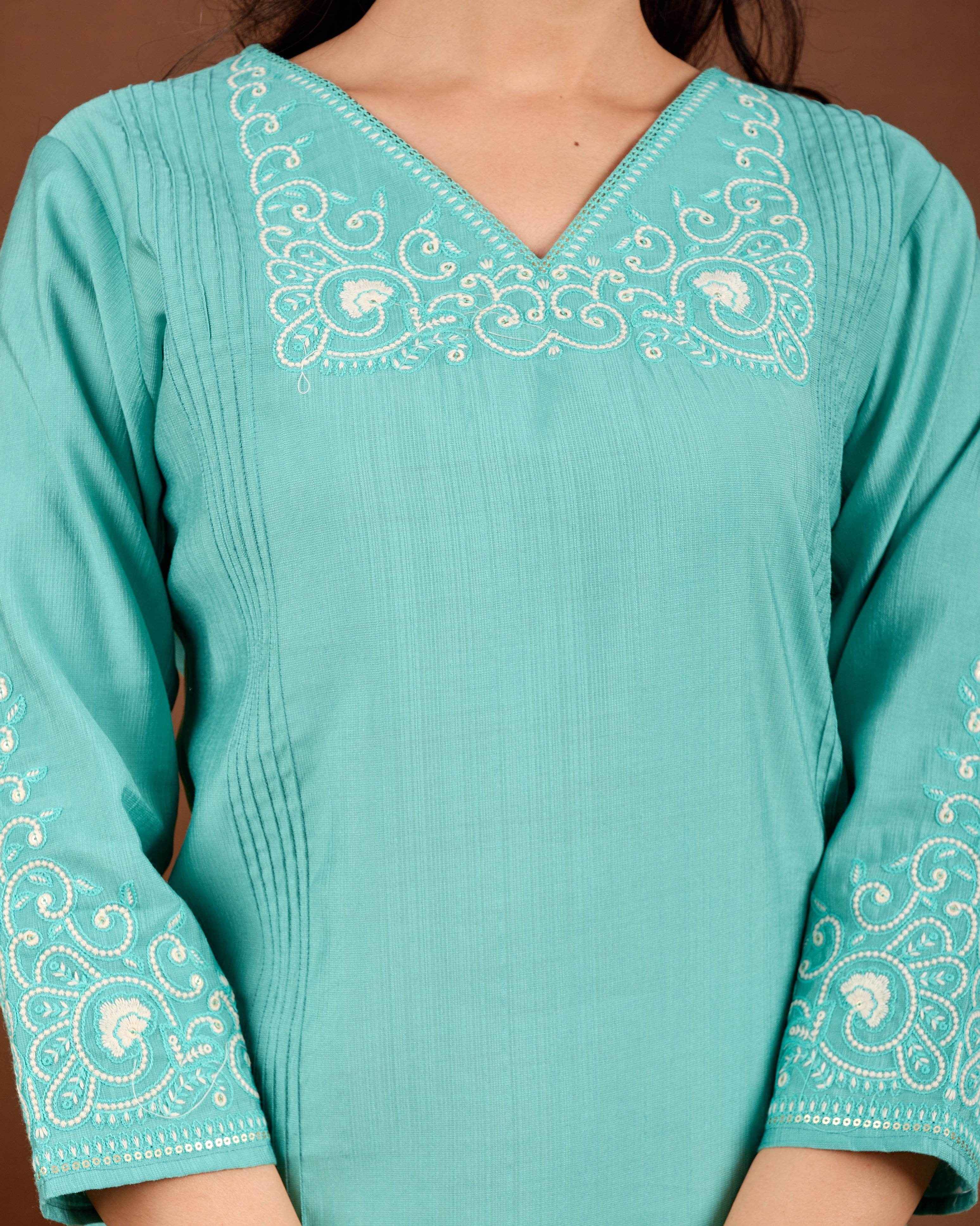 BELVEERA Sky Blue White Embroidery on Chest and Sleeves Embroidery Kurta