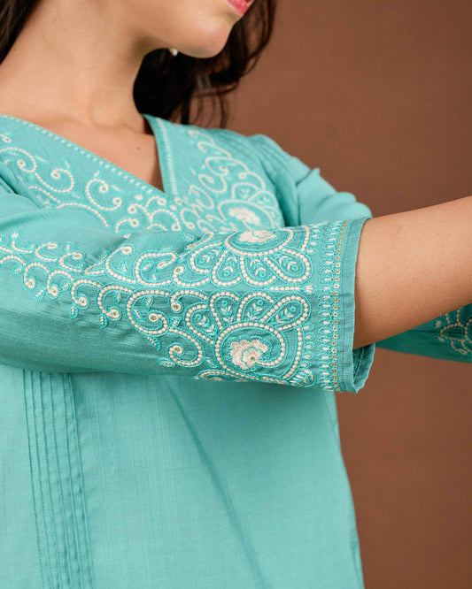 BELVEERA Sky Blue White Embroidery on Chest and Sleeves Embroidery Kurta