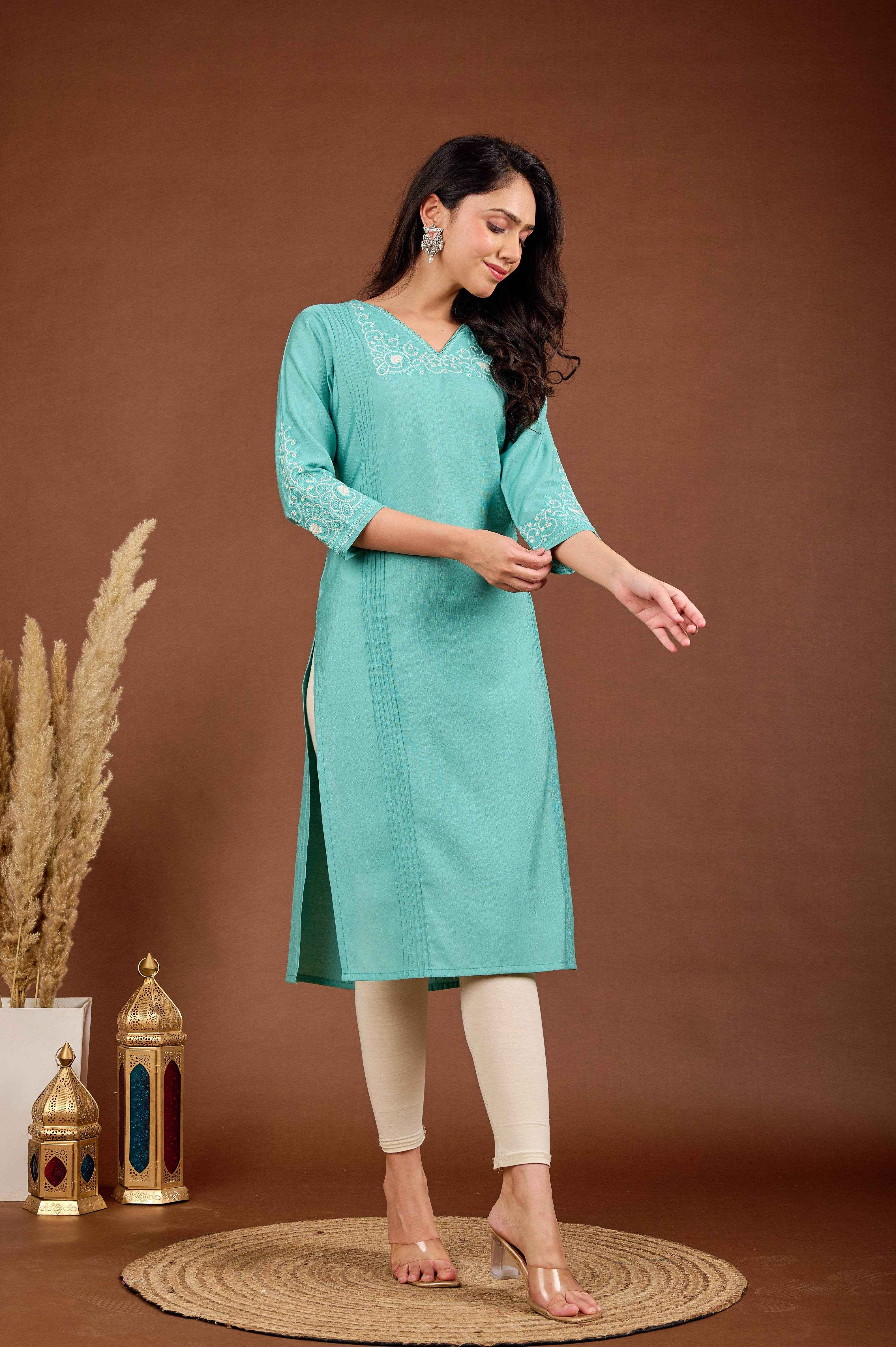 BELVEERA Sky Blue White Embroidery on Chest and Sleeves Embroidery Kurta