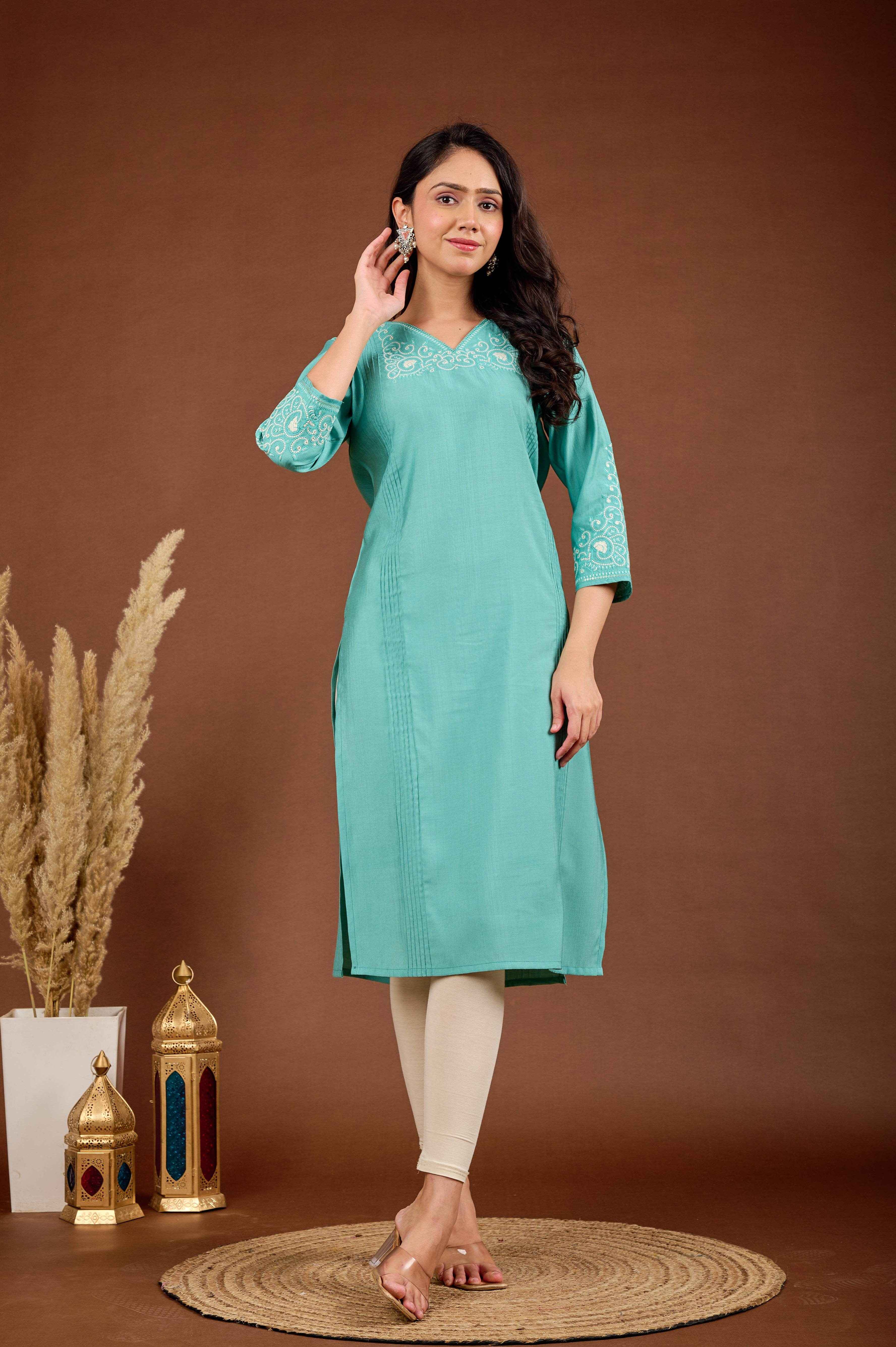 BELVEERA Sky Blue White Embroidery on Chest and Sleeves Embroidery Kurta