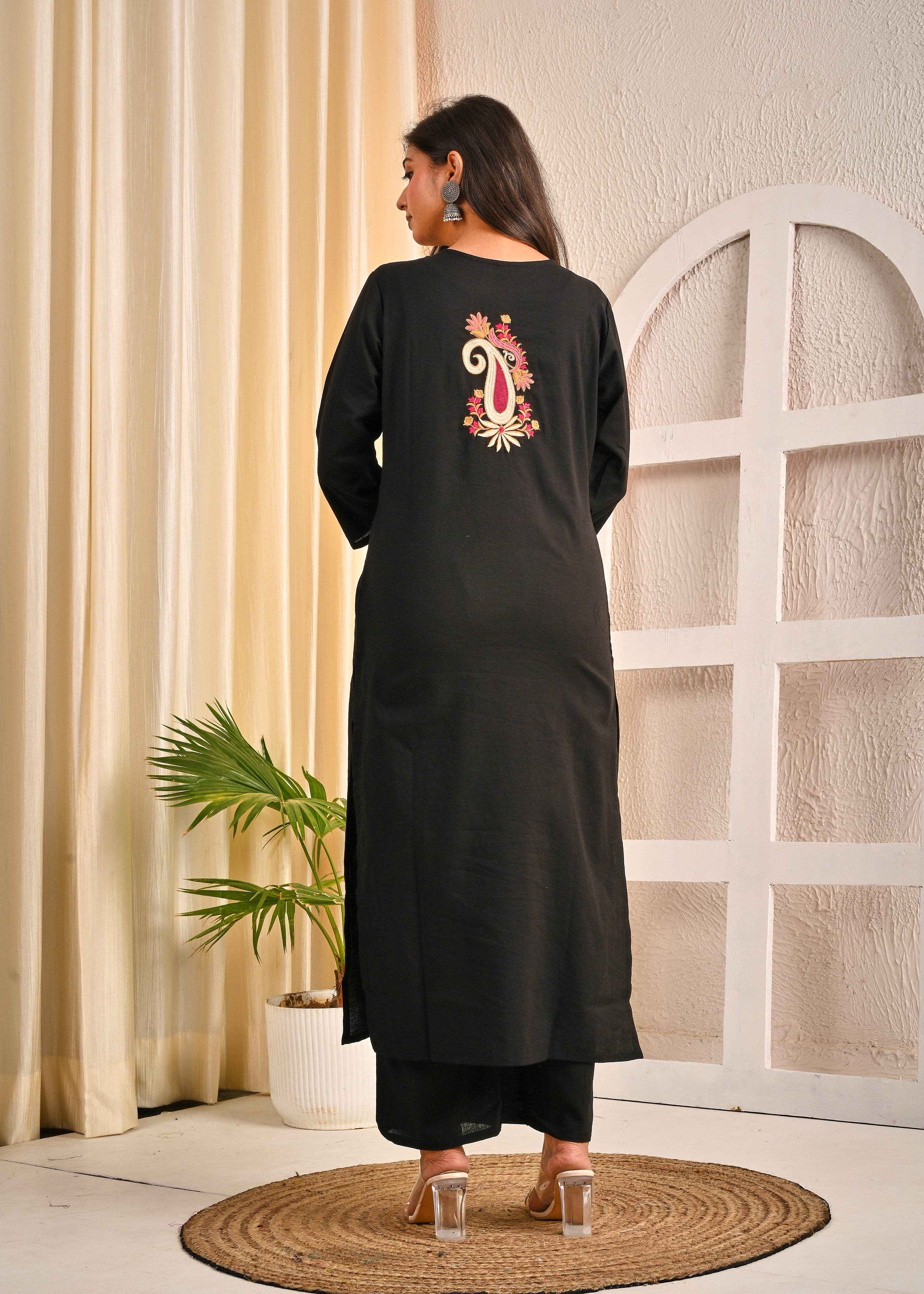 Back view of a black Belveera cotton kurta for women with embroidery, featuring elegant floral design