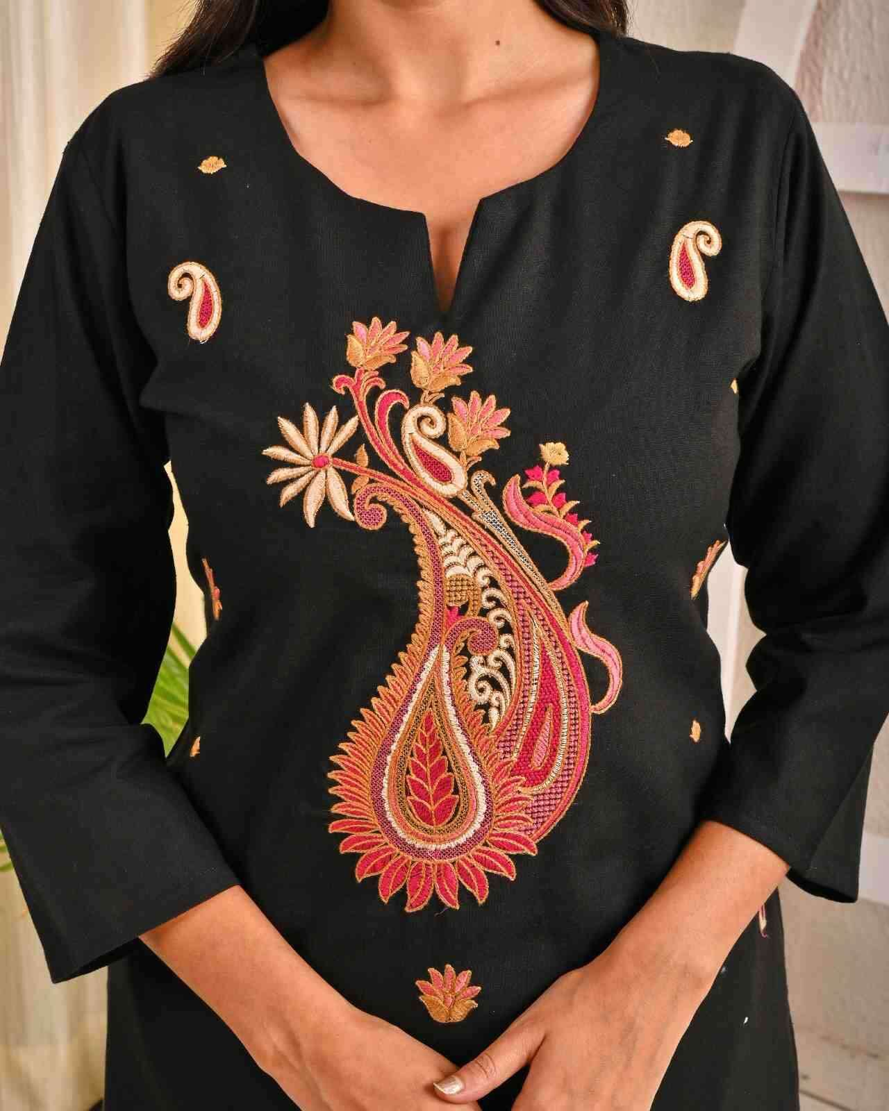 Black Belveera cotton kurta for women with embroidery featuring colorful floral designs