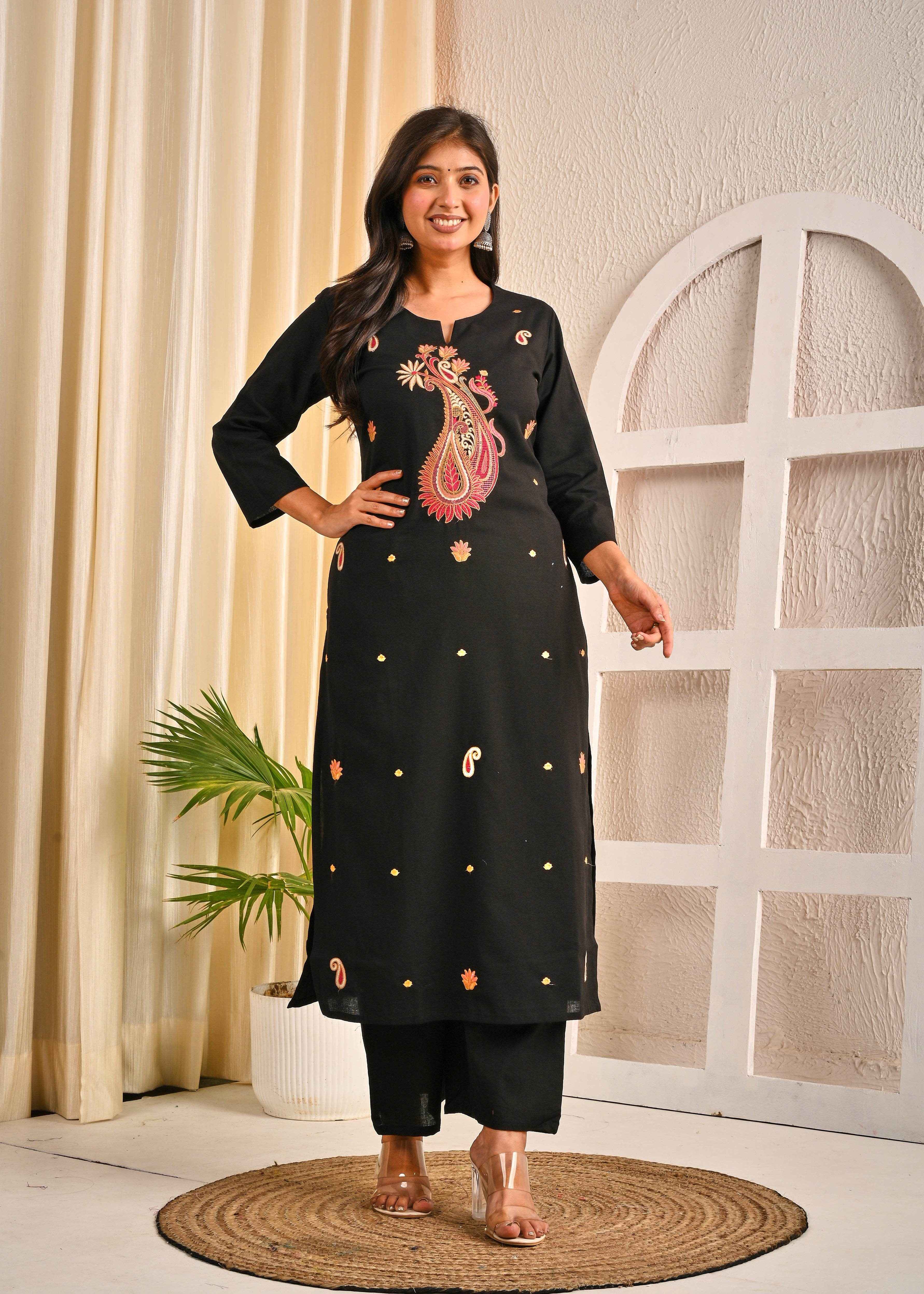 Stylish Belveera cotton kurta for women with embroidery, featuring intricate designs in black