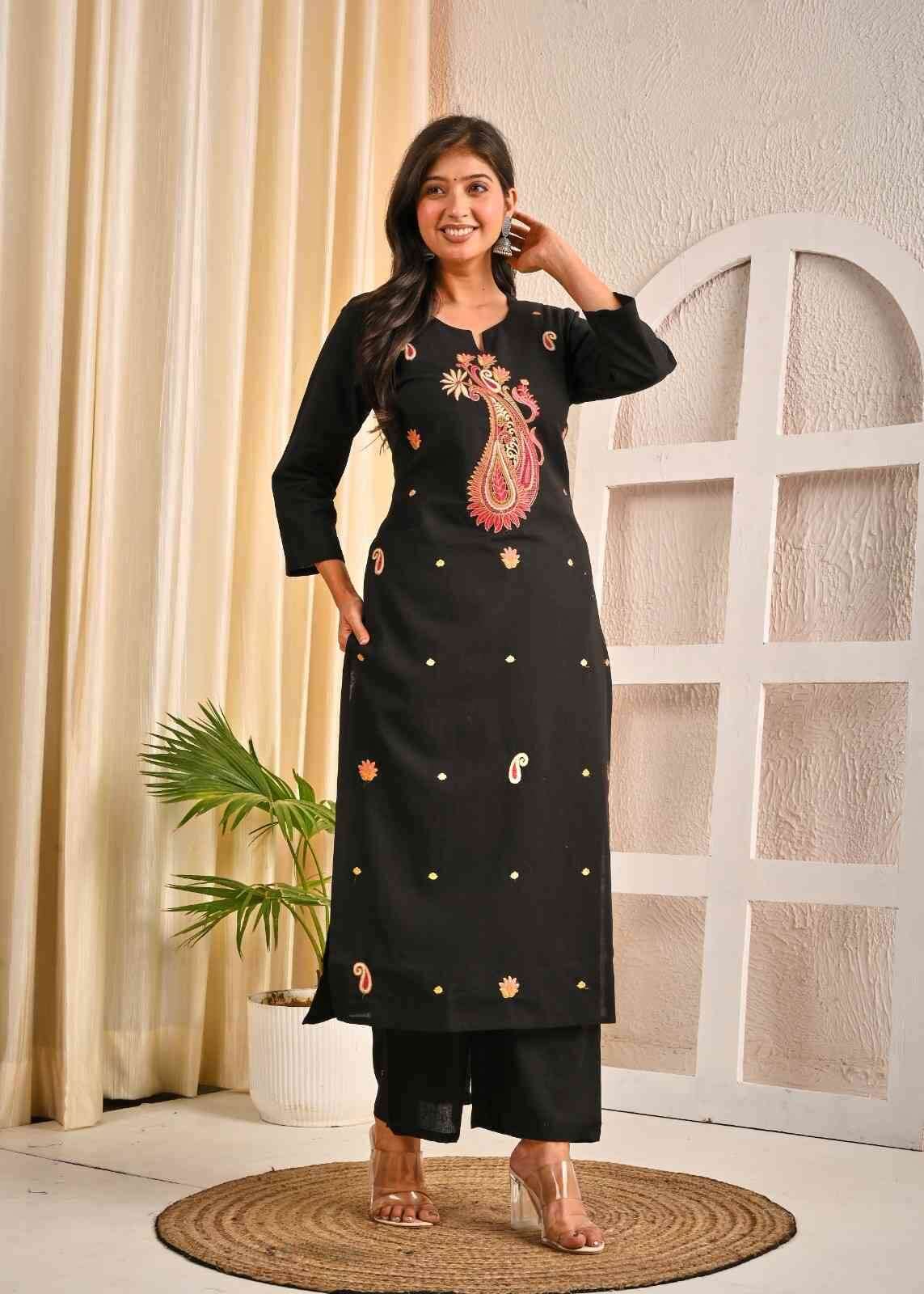 Elegant black cotton kurta for women with embroidery featuring intricate designs and a stylish silhouette