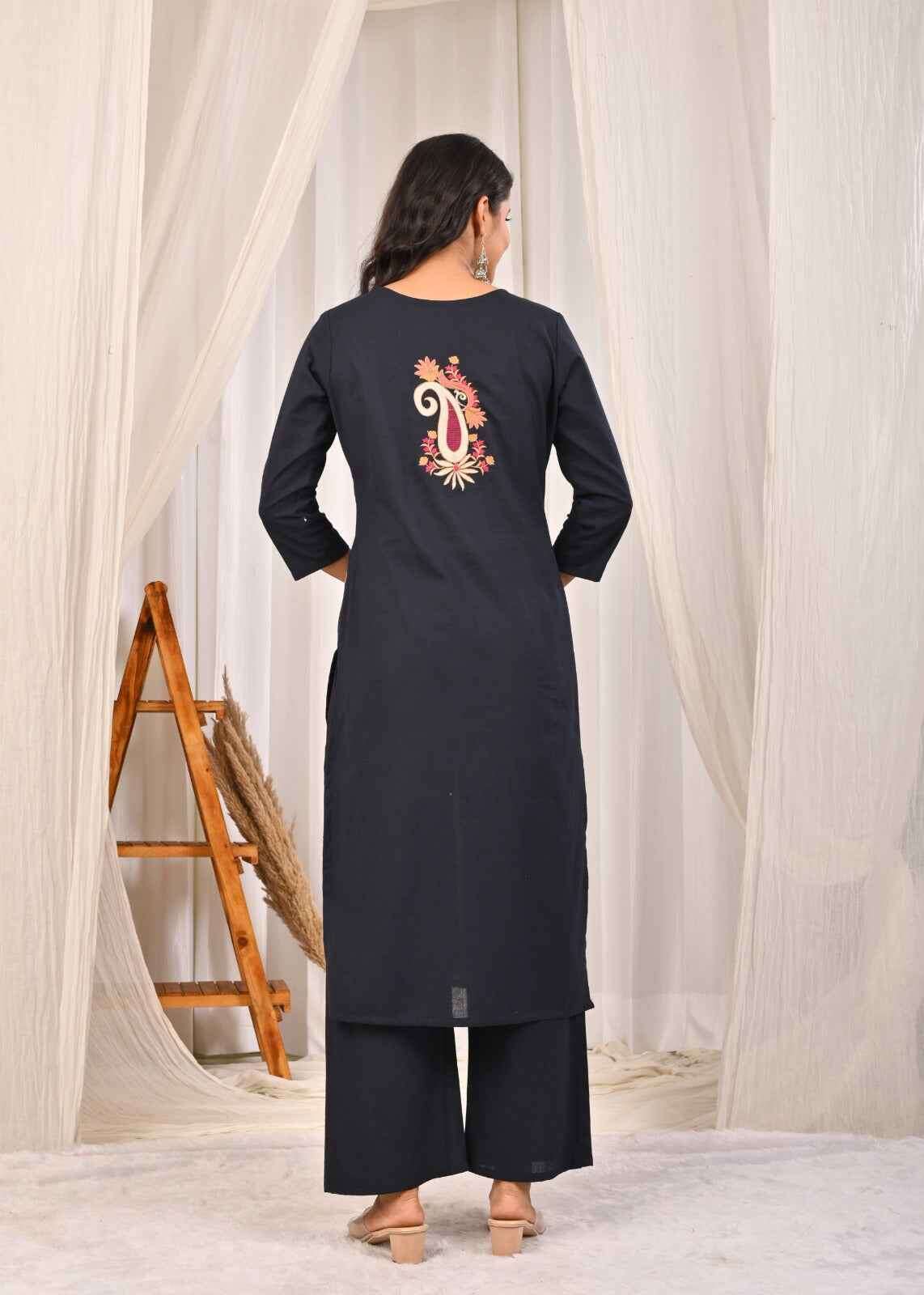 Belveera Cotton Kurta Pant Set for Women in Navy Blue with Embroidered Back Detail