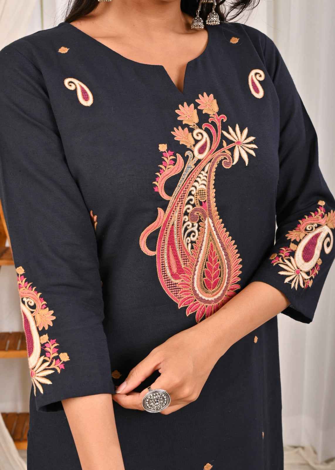 Elegant Belveera cotton kurta pant set for women featuring intricate floral embroidery