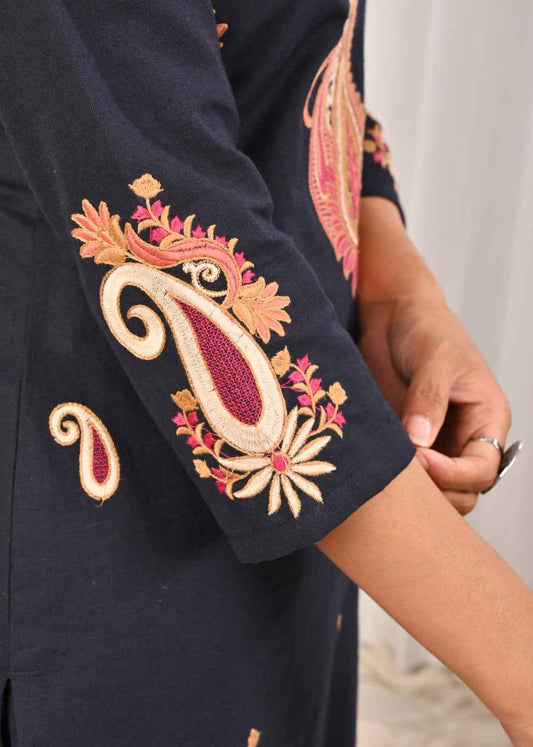 Elegant Belveera cotton kurta pant set for women featuring intricate embroidery on sleeves