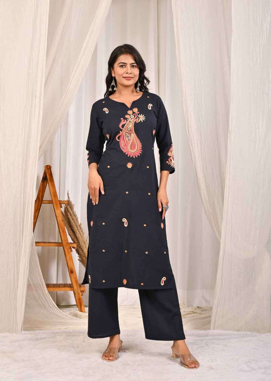 Belveera Navy Cotton Kurta Pant Set for Women with Intricate Embroidery and Elegant Design
