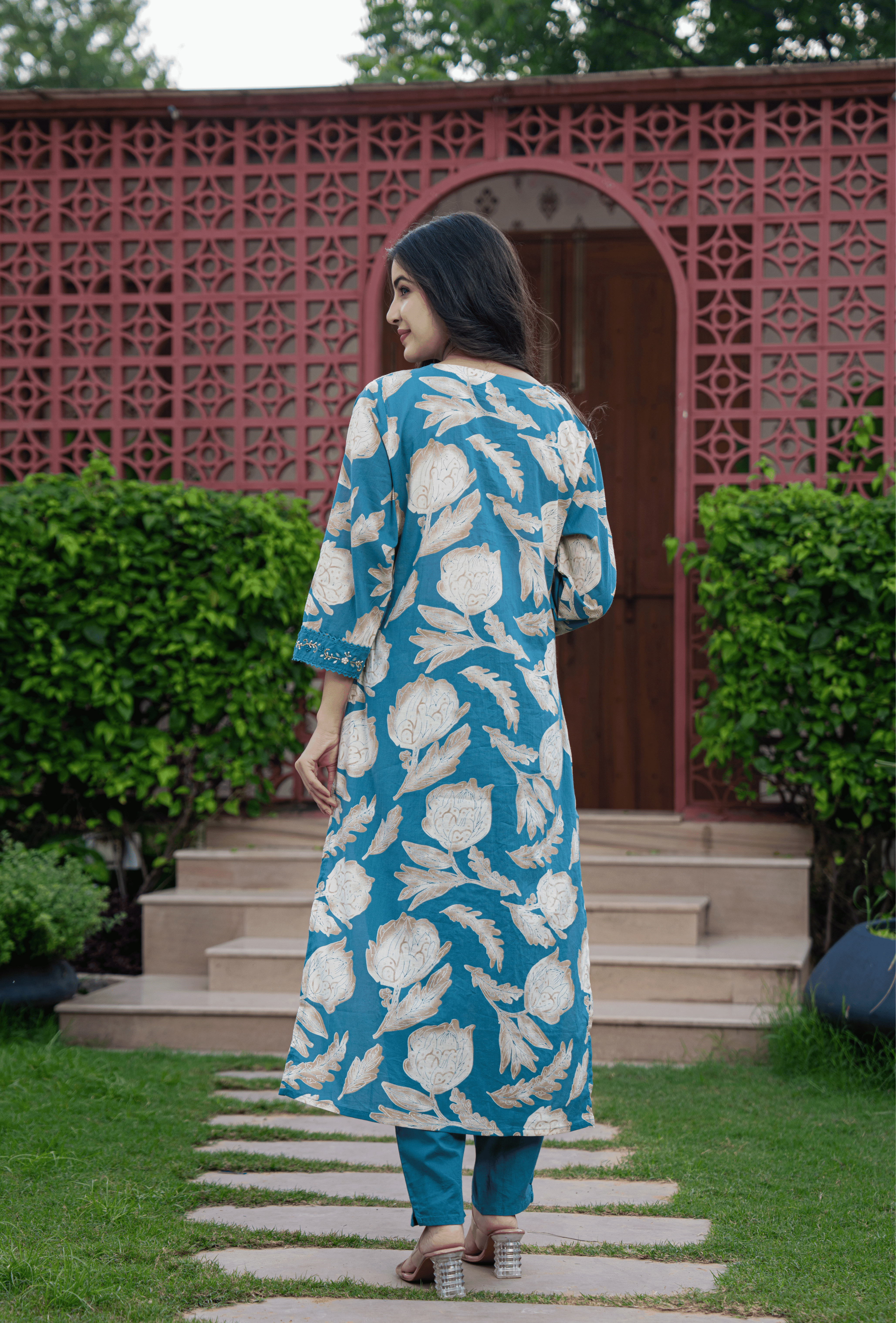 Elegant Belveera cotton kurta pant set with dupatta featuring a floral design and vibrant colors