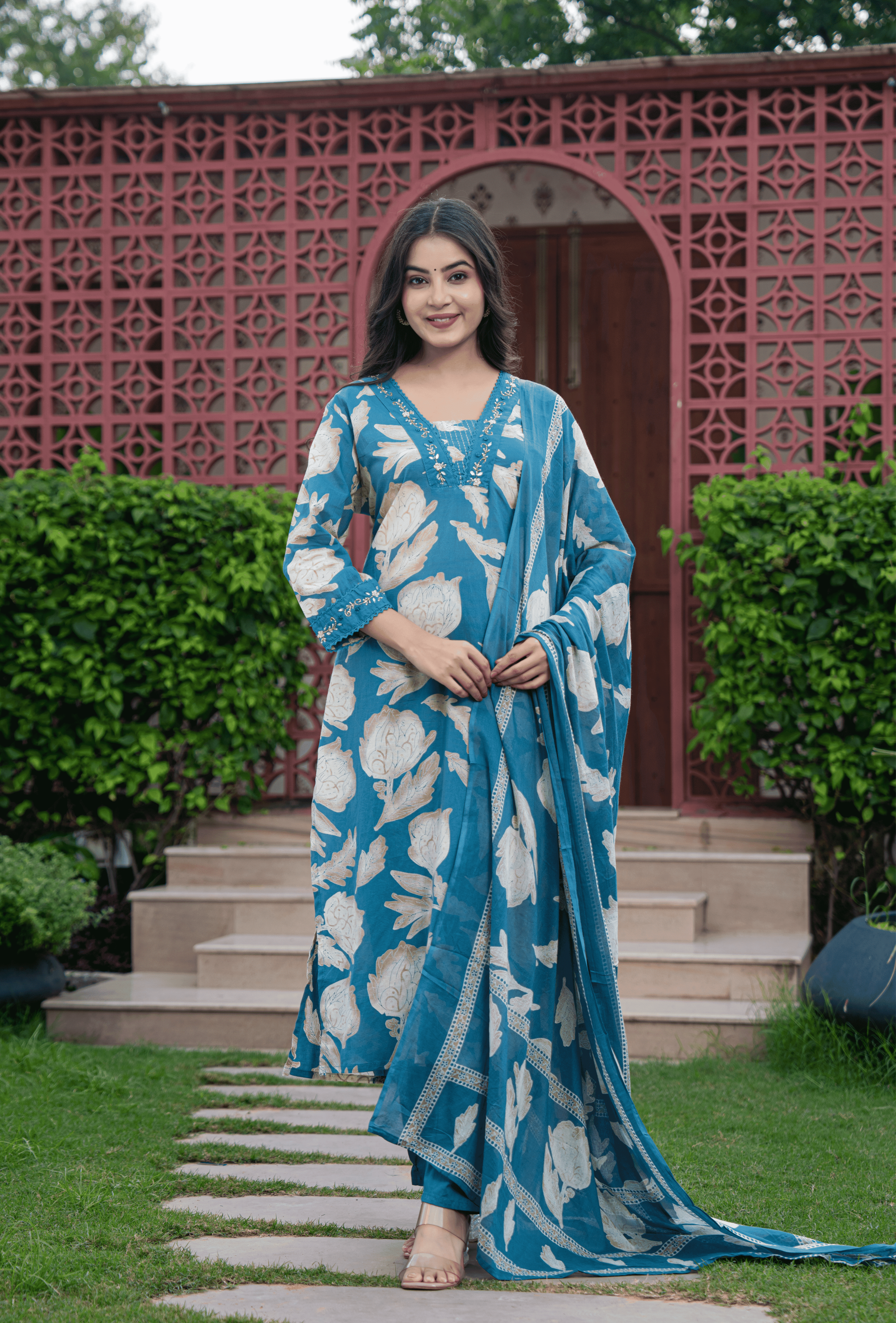 Belveera Cotton Kurta Pant Set with Dupatta in Blue Floral Design for Comfortable Casual Wear