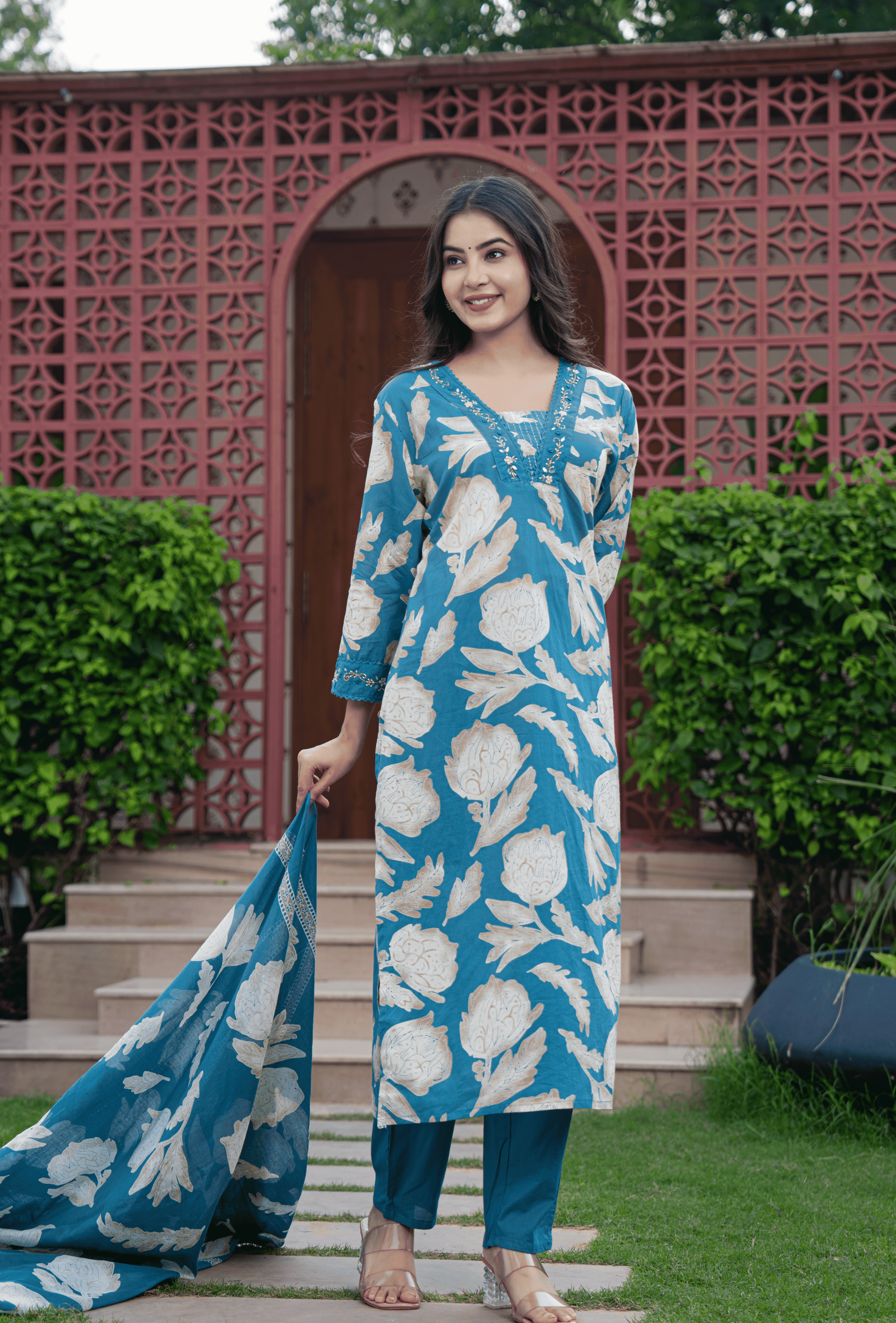Belveera cotton kurta pant set with dupatta in teal featuring floral patterns and elegant design