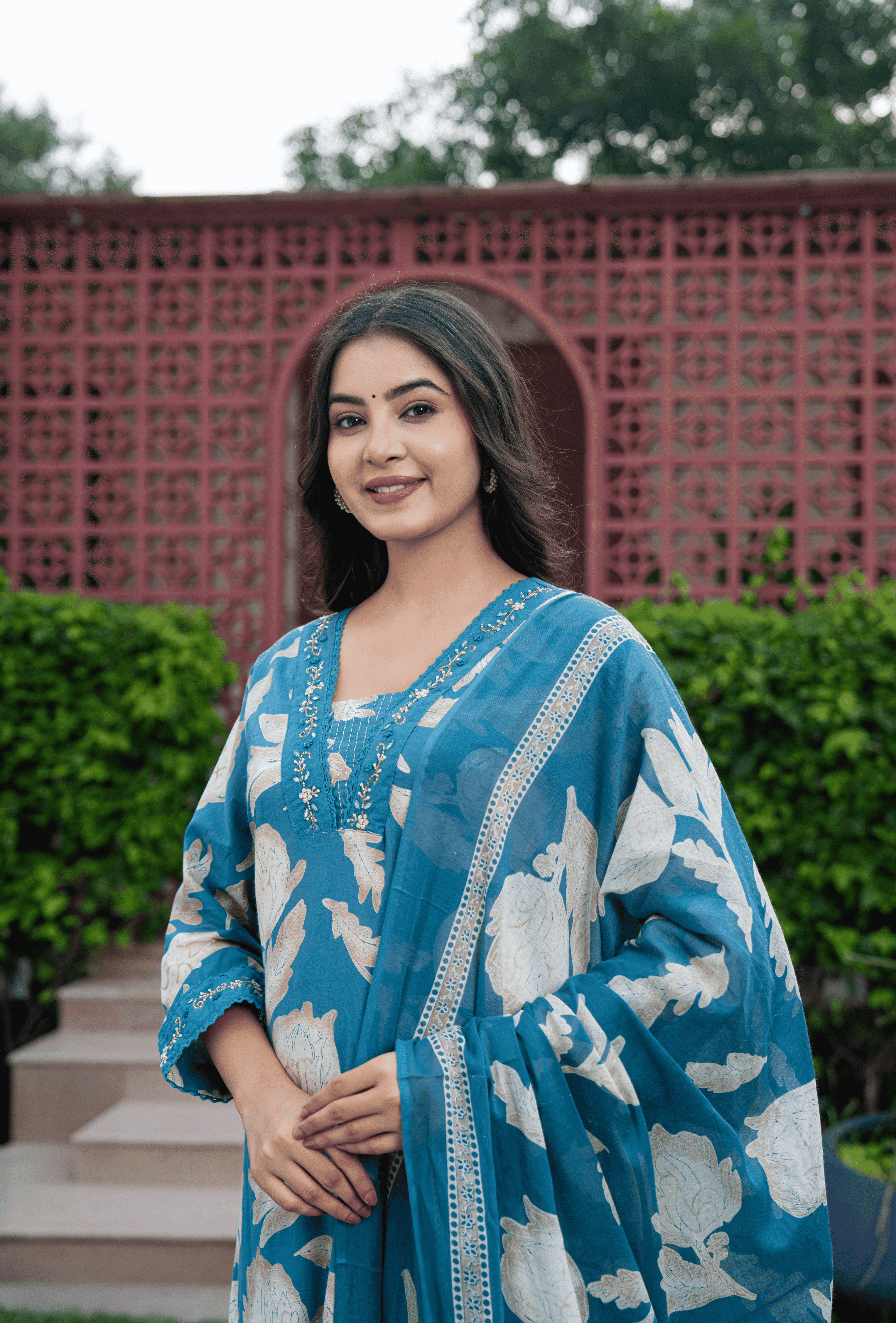 Belveera Blue Cotton Kurta Pant Set with Dupatta featuring Elegant Floral Design