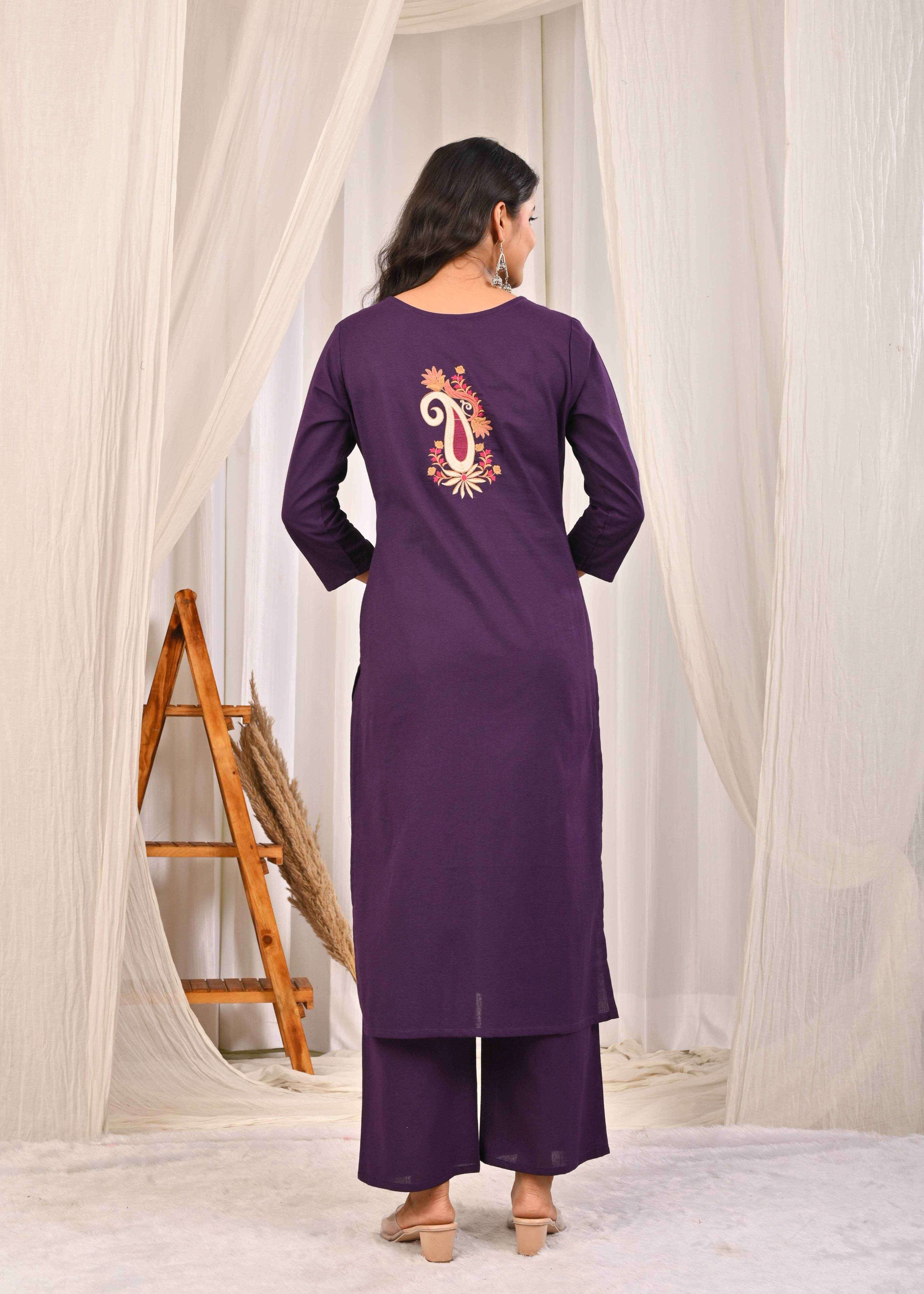 Elegant purple designer ethnic kurta set online featuring a detailed back design
