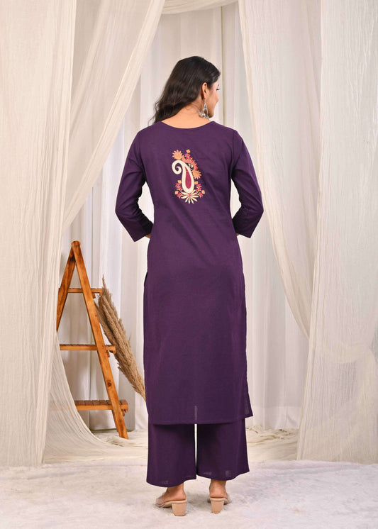 Elegant purple designer ethnic kurta set online featuring a detailed back design