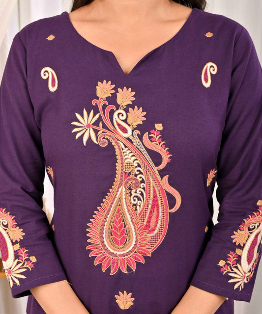 Designer ethnic kurta sets online featuring intricate embroidery on a purple fabric