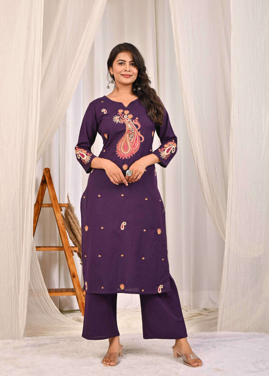Designer ethnic kurta sets online featuring a purple kurta with intricate embroidery and matching palazzo pants