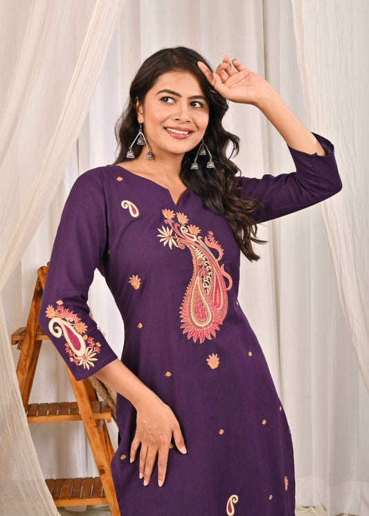 Belveera designer ethnic kurta sets online in purple with beautiful embroidery and three-quarter sleeves