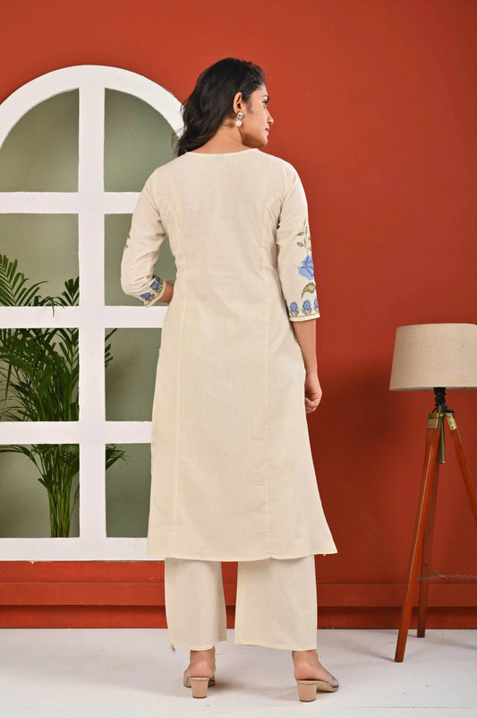 Back view of elegant floral kurti for women in beige with blue floral embroidery on sleeves