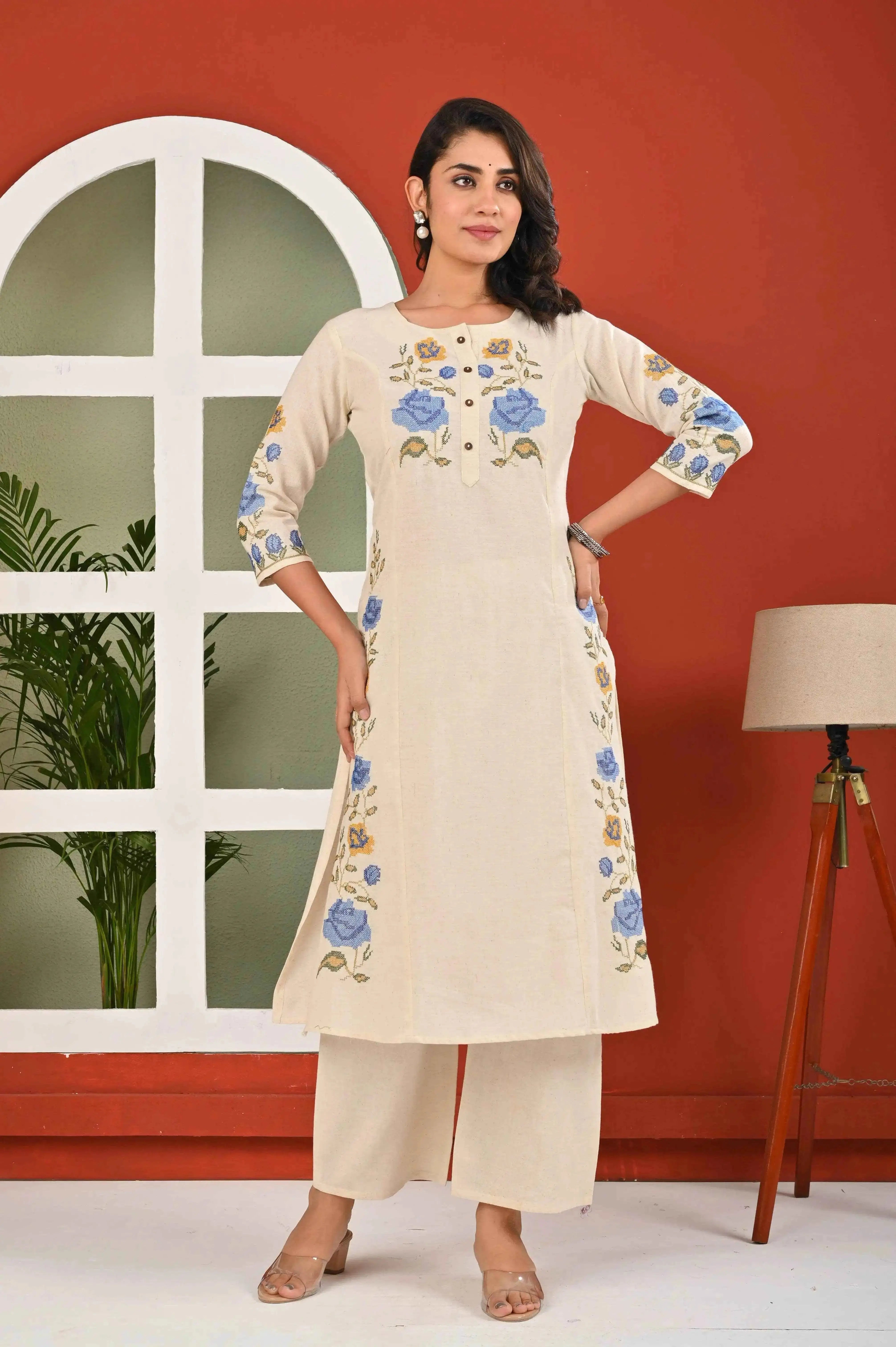 BELVEERA Sky White Cotton Blue Beautiful Floral Printed Kurta Set
