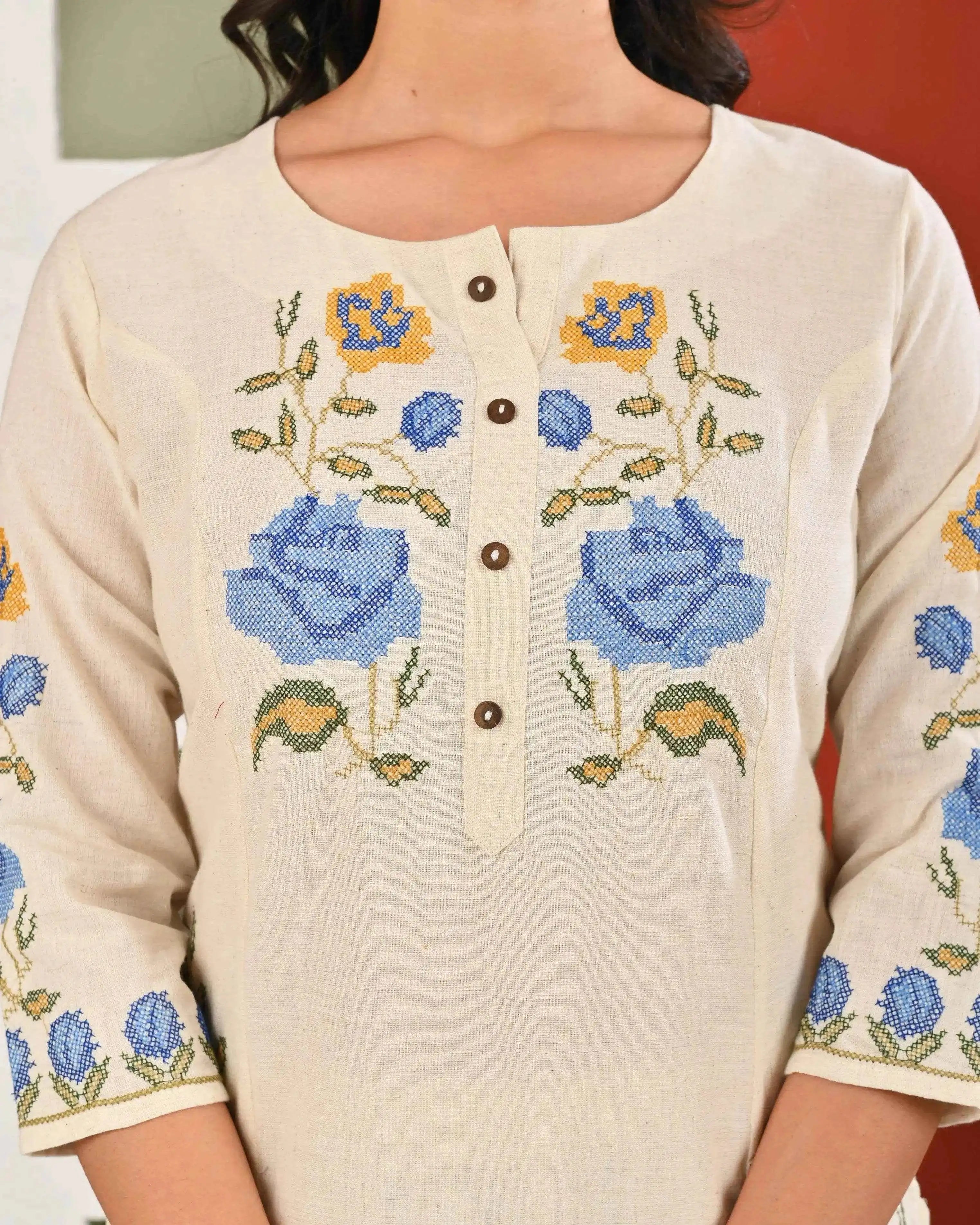 BELVEERA Sky White Cotton Blue Beautiful Floral Printed Kurta Set