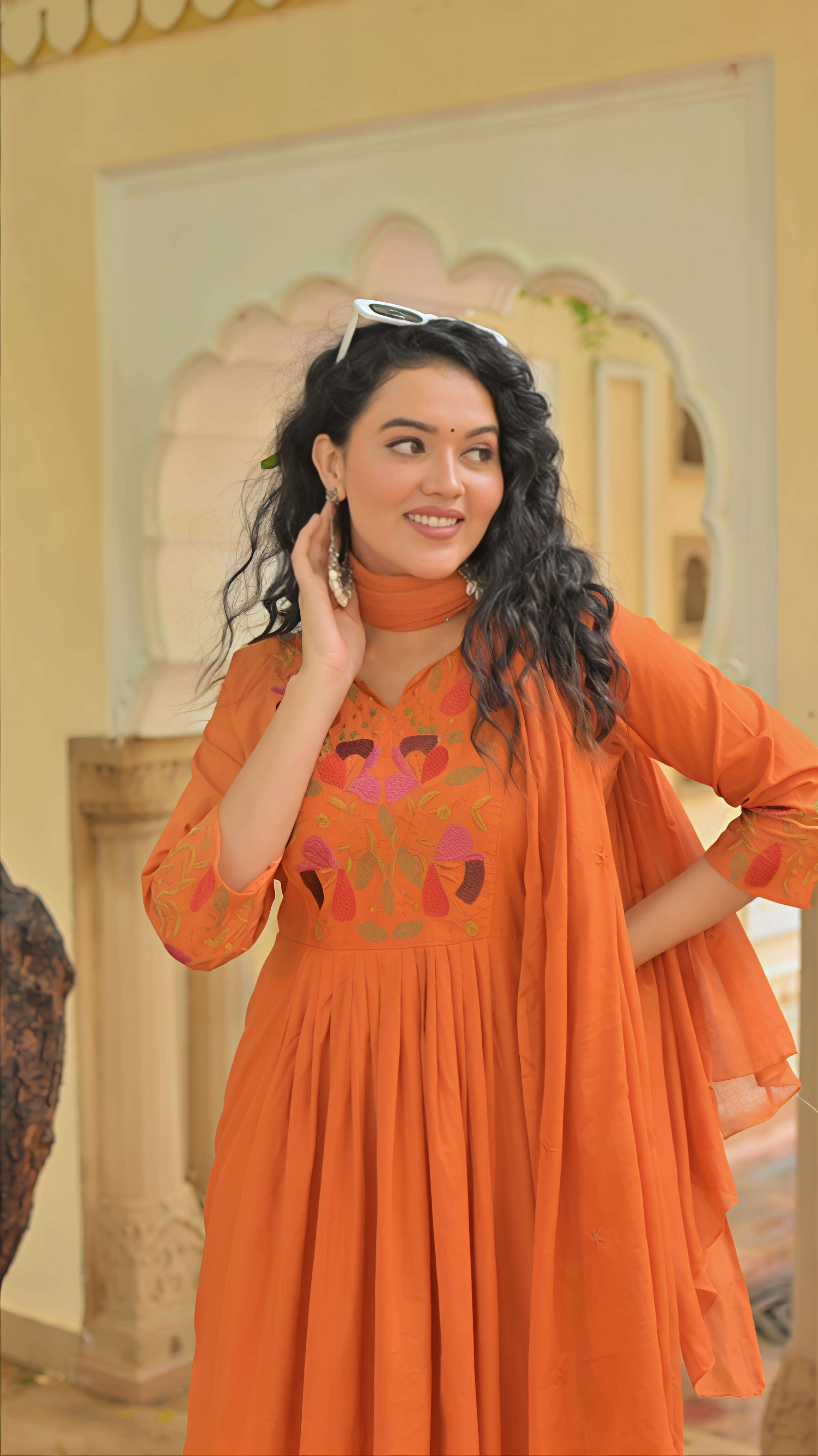 BELVEERA Orange Cotton 3-Piece Suit Set with Embroidery Work Belveera