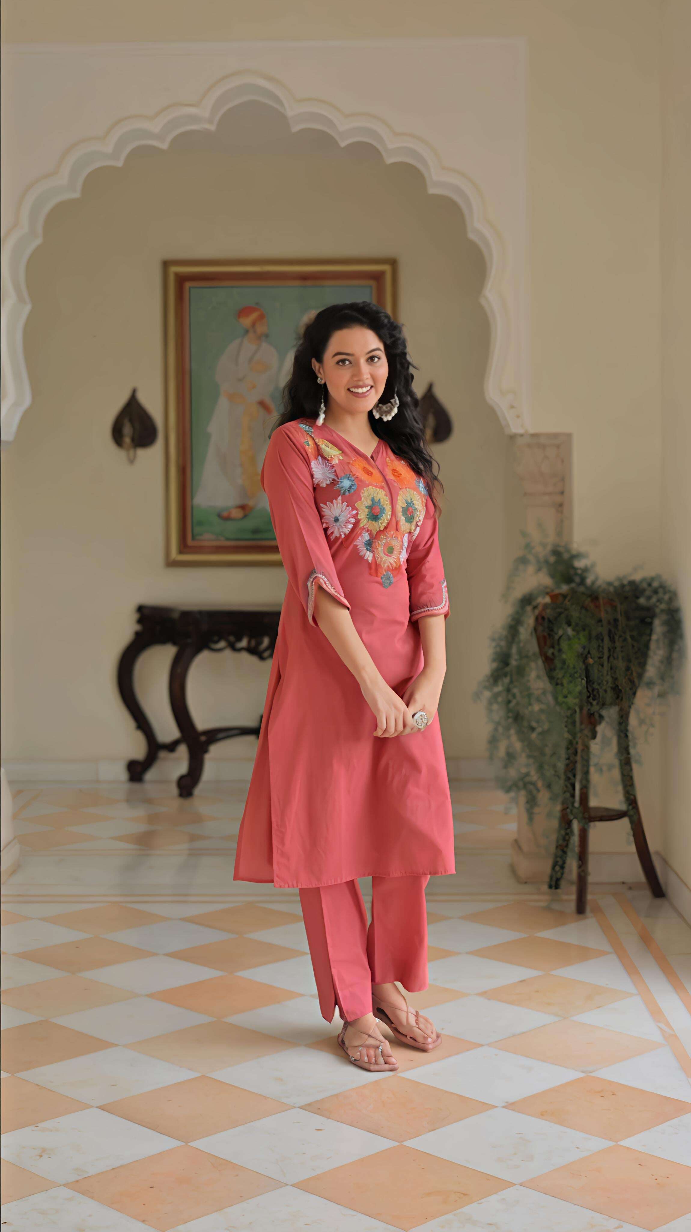 Belveera Embroidered Kurta Pant Set for Women in Pink with Floral Designs and Comfortable Fit