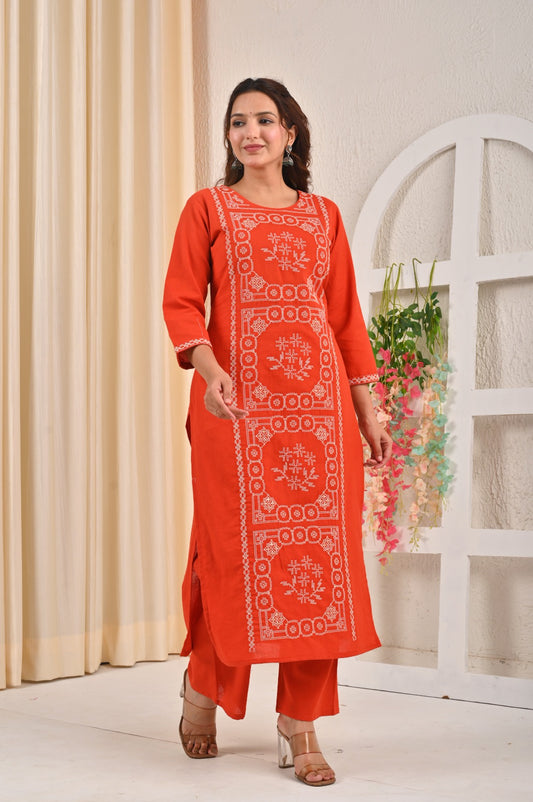 Elegant floral printed kurta pant set in orange with intricate embroidery for stylish comfort