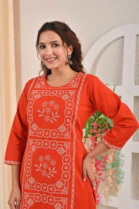 Belveera floral printed kurta pant set in vibrant orange with intricate embroidery design