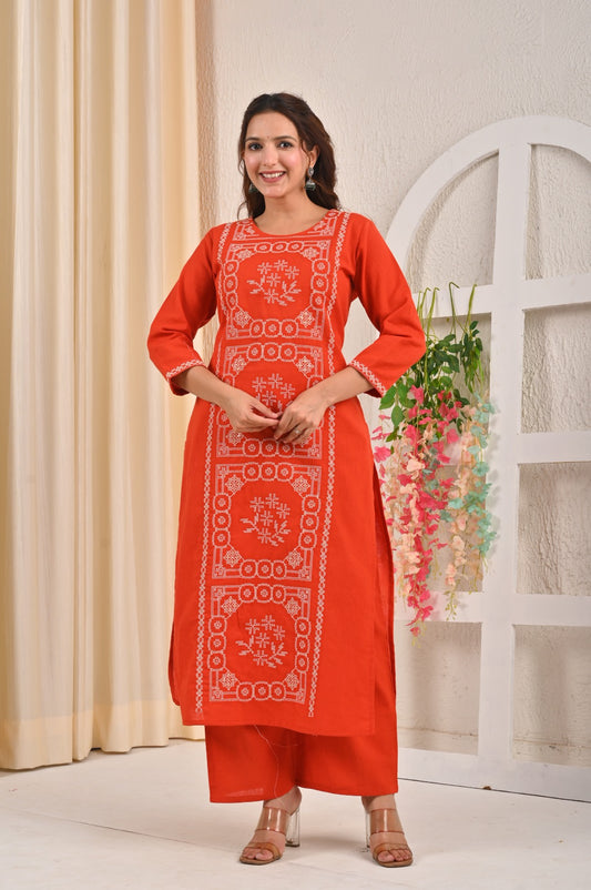 Belveera floral printed kurta pant set in vibrant orange with elegant embroidery detail