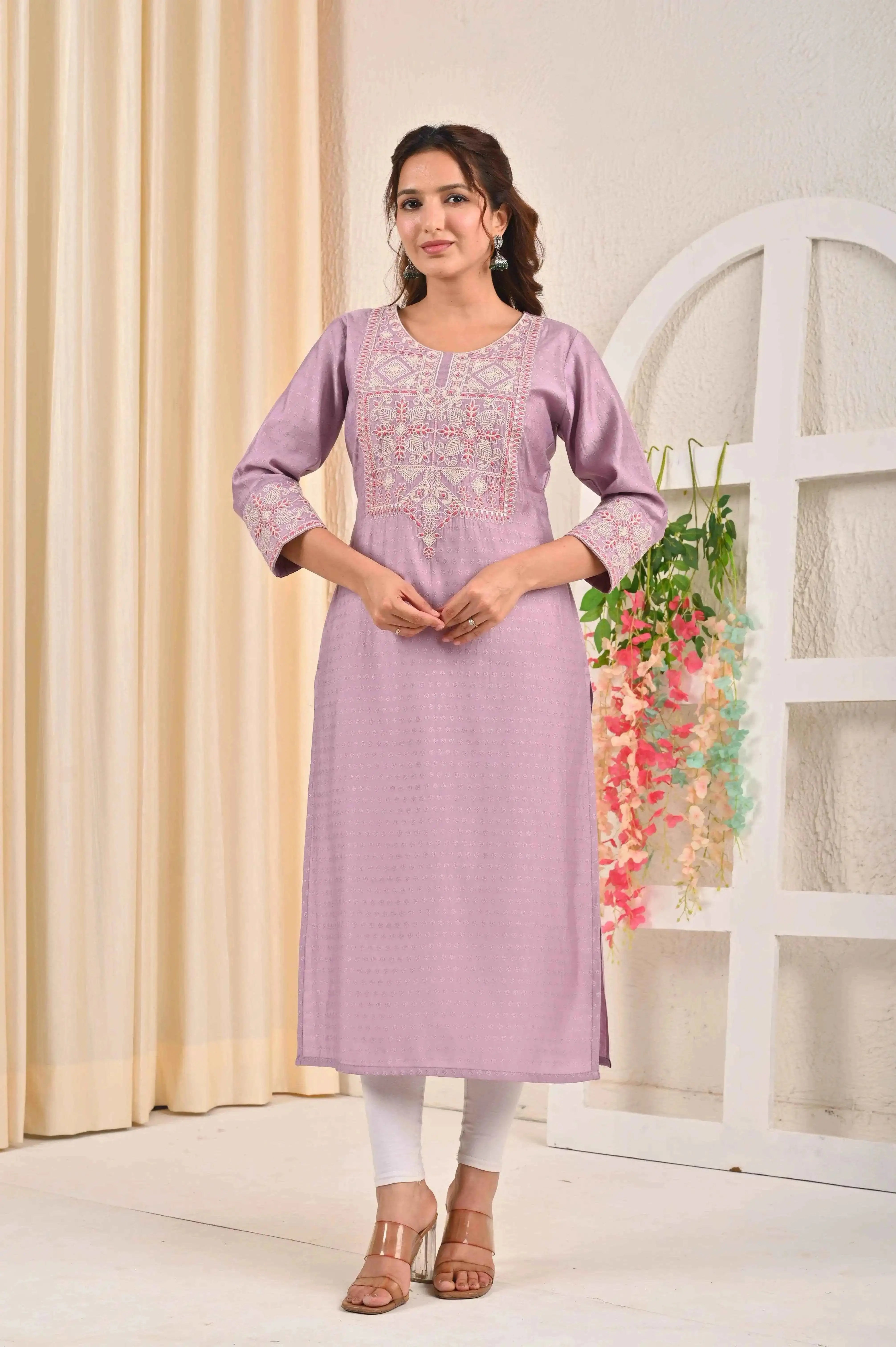 BELVEERA Lavender Silk Women’s Pink Embroidery Kurta