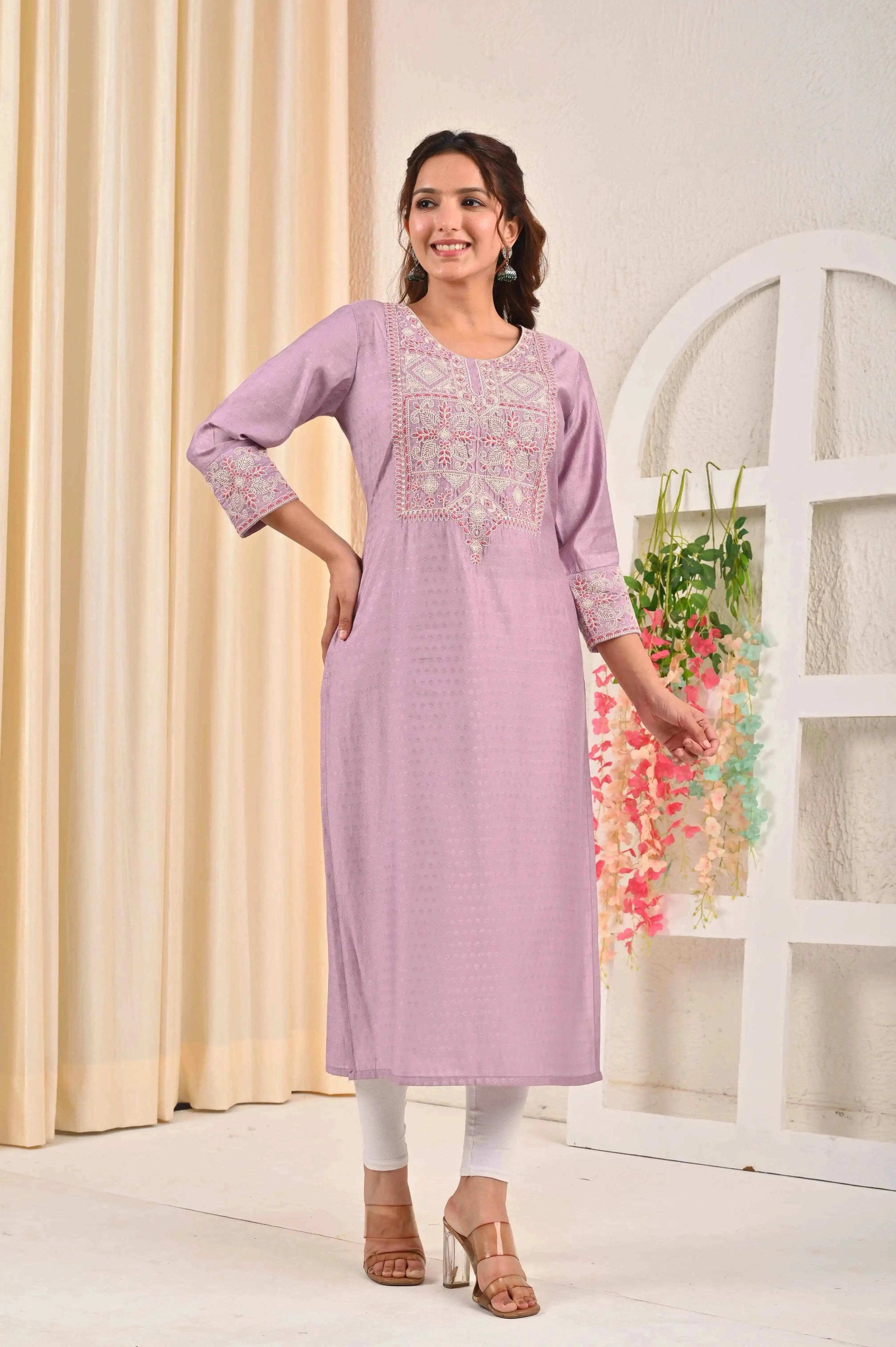 BELVEERA Lavender Silk Women’s Pink Embroidery Kurta