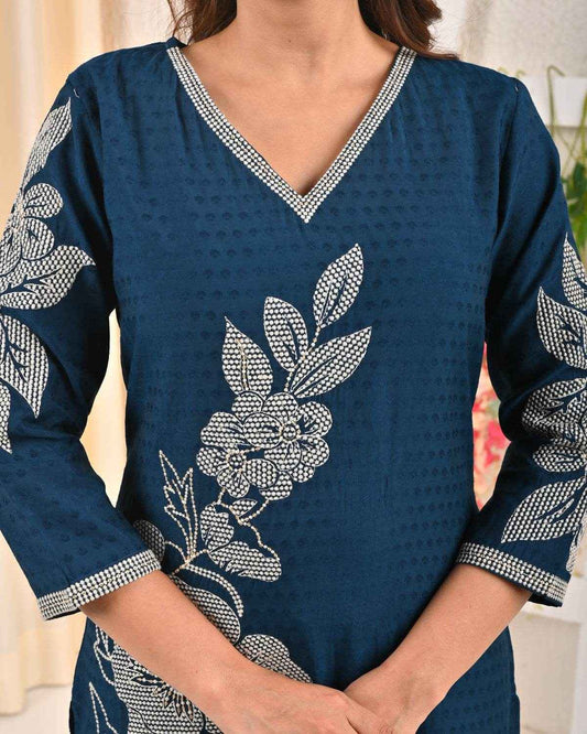 Belveera Navy Blue Kurti with Floral Embroidery and V-Neck Design for Stylish Casual Wear