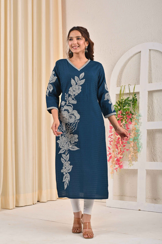 Belveera Navy Blue Embroidered Kurta Dress with Floral Designs and V-Neck for Stylish Comfort