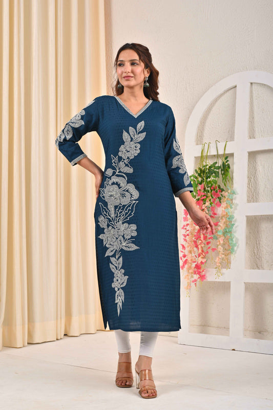 Belveera Navy Blue Embroidered Kurta with Floral Design and V-Neckline for Elegant Style