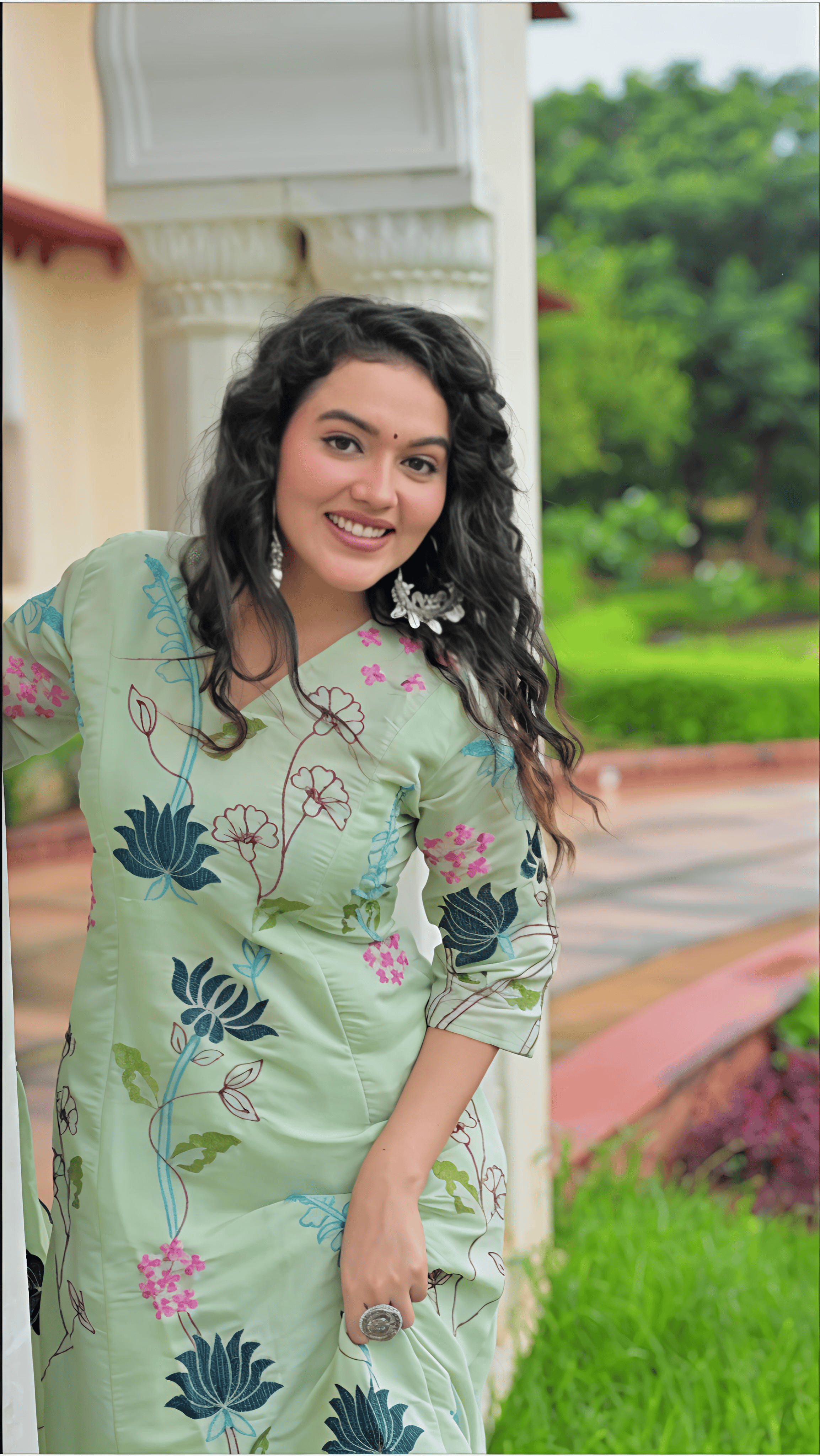 Light green Chanderi suit set featuring beautiful floral embroidery, perfect for casual and festive occasions