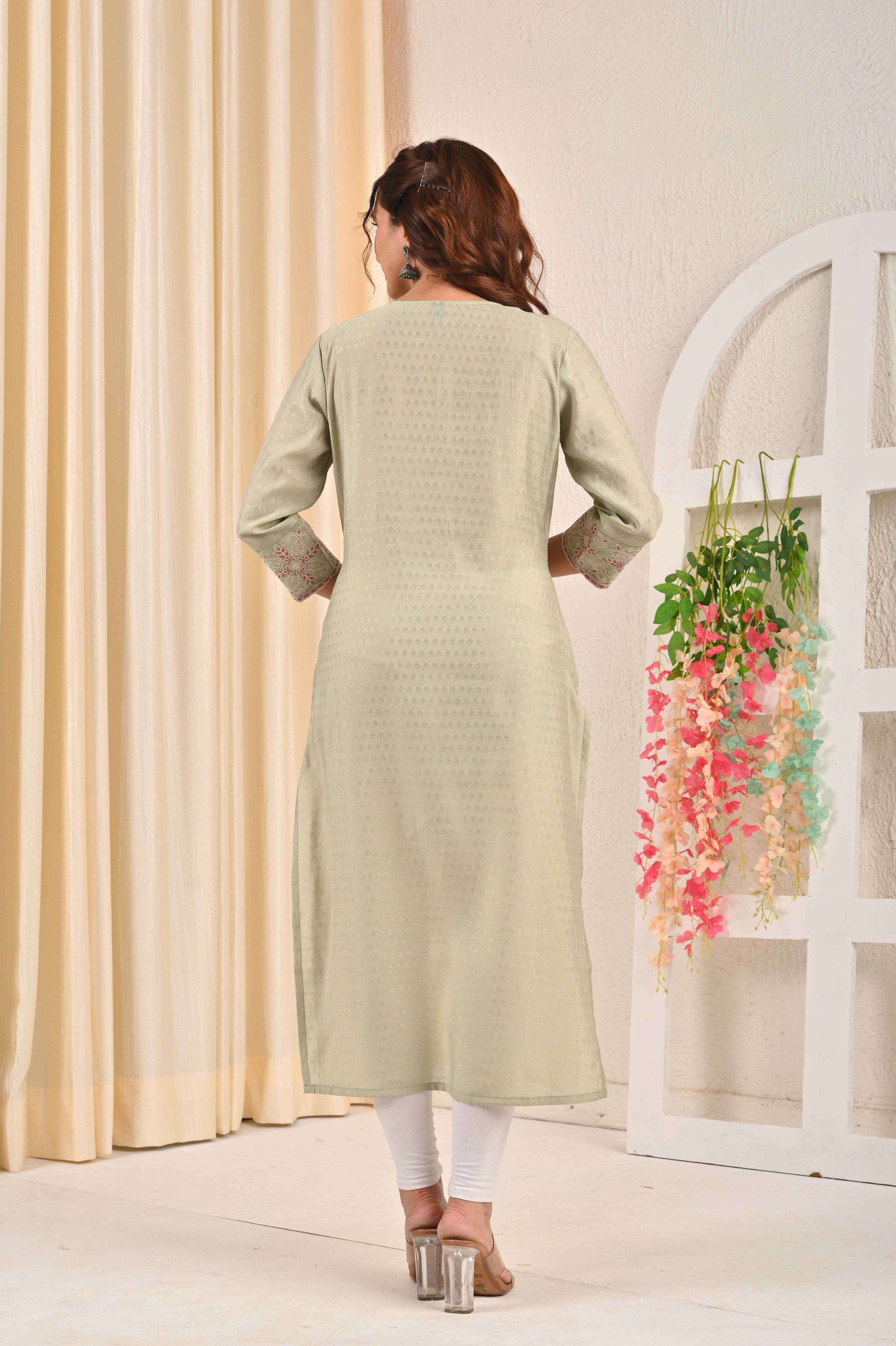 BELVEERA Sea Green Silk Women’s Pink Embroidery Kurta