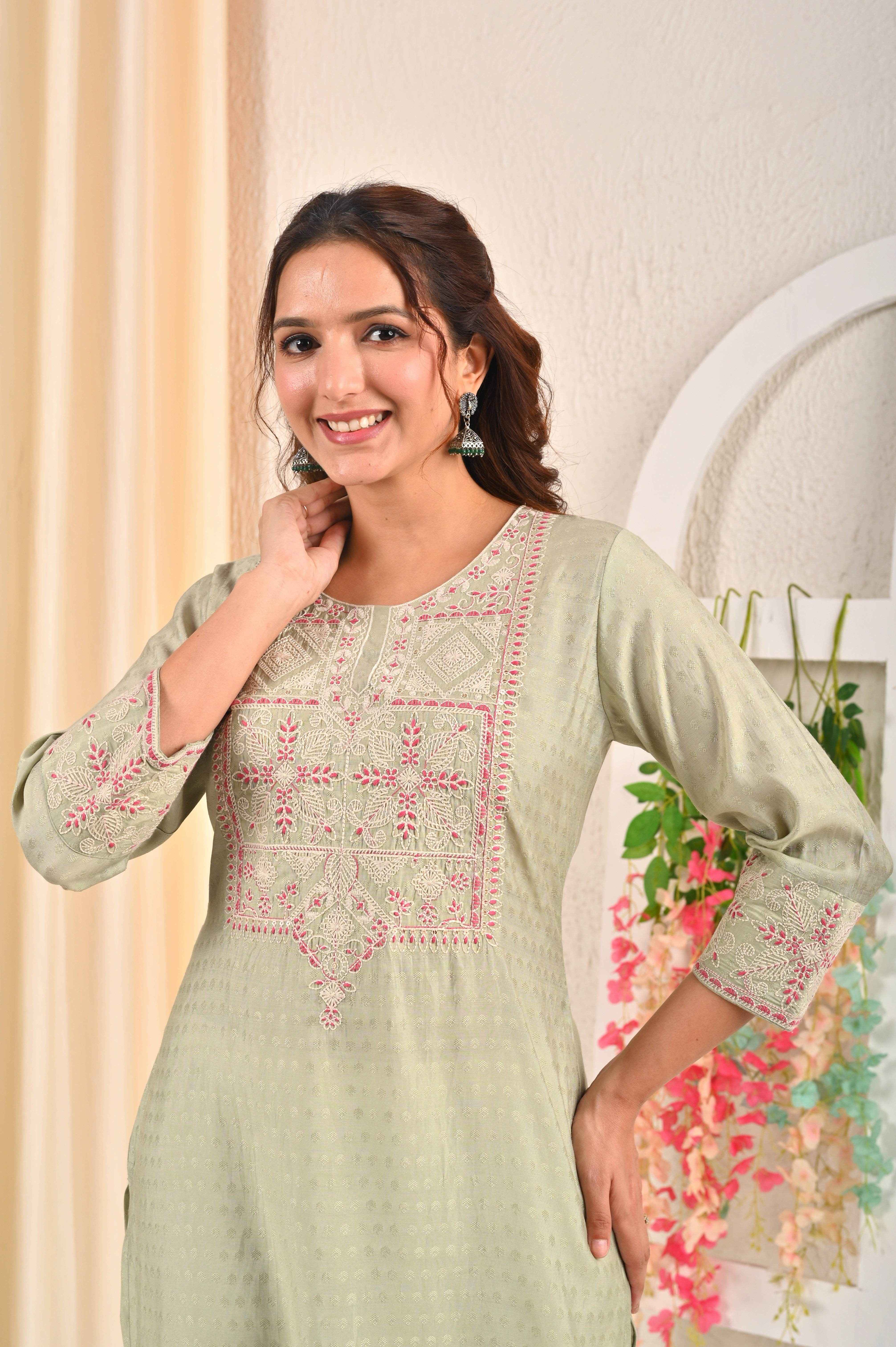 BELVEERA Sea Green Silk Women’s Pink Embroidery Kurta